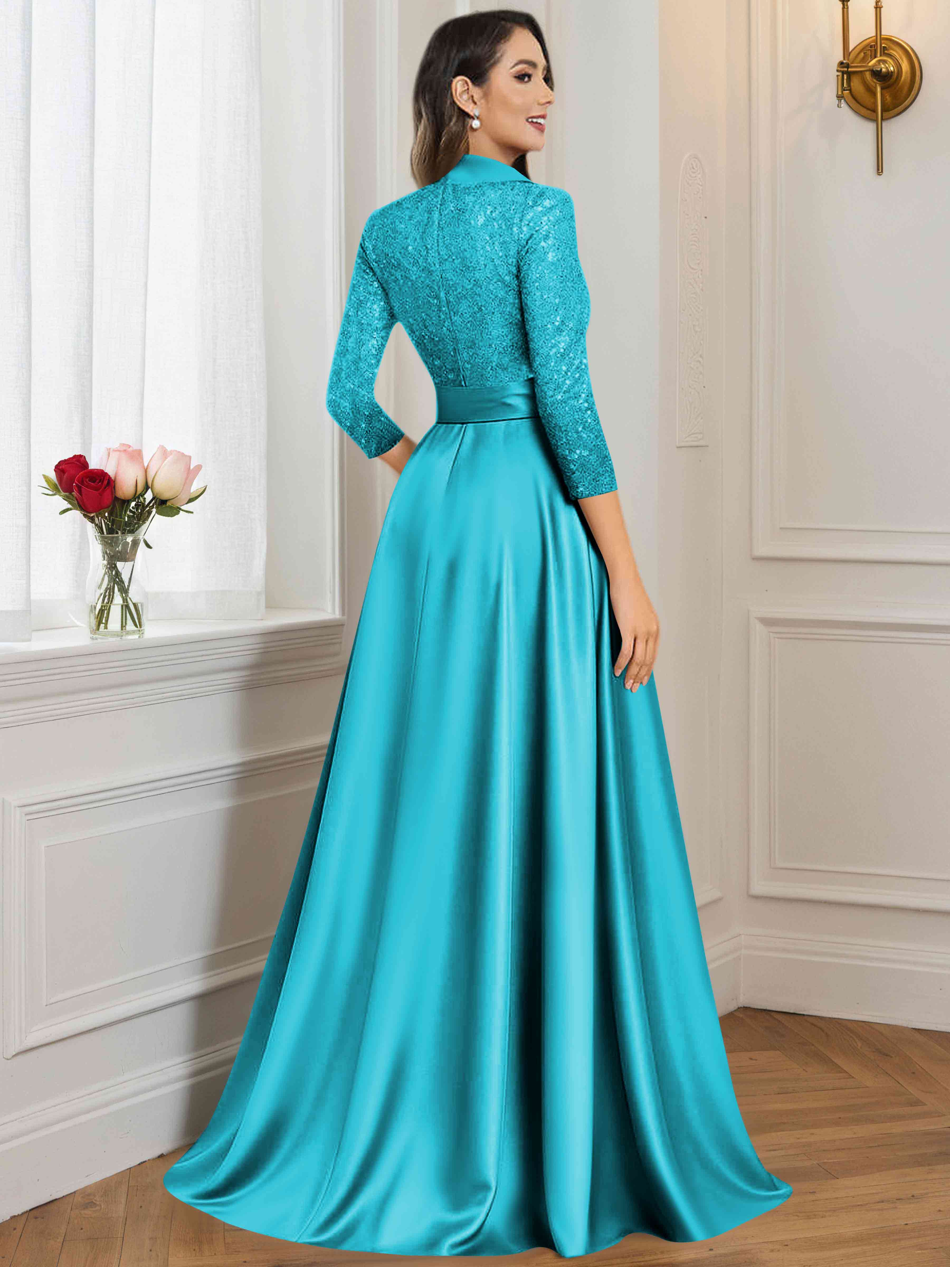 ROVDESY A-Line V Neck Sequin Satin  Long Mother of The Bride Dress Formal Gown With 3/4 Sleeves