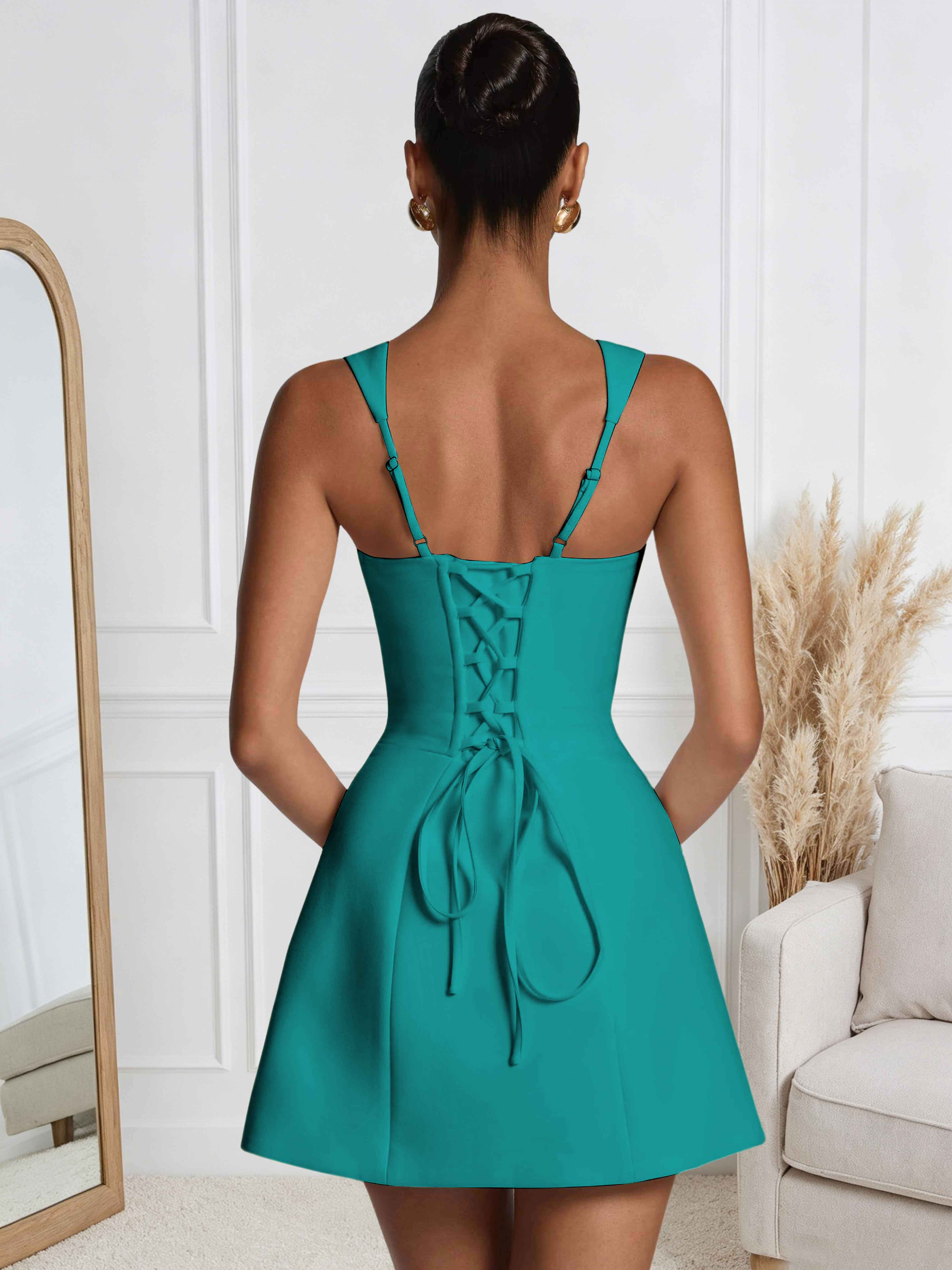 ROVDESY A-Line Square Neck Satin Homecoming Mini Dress