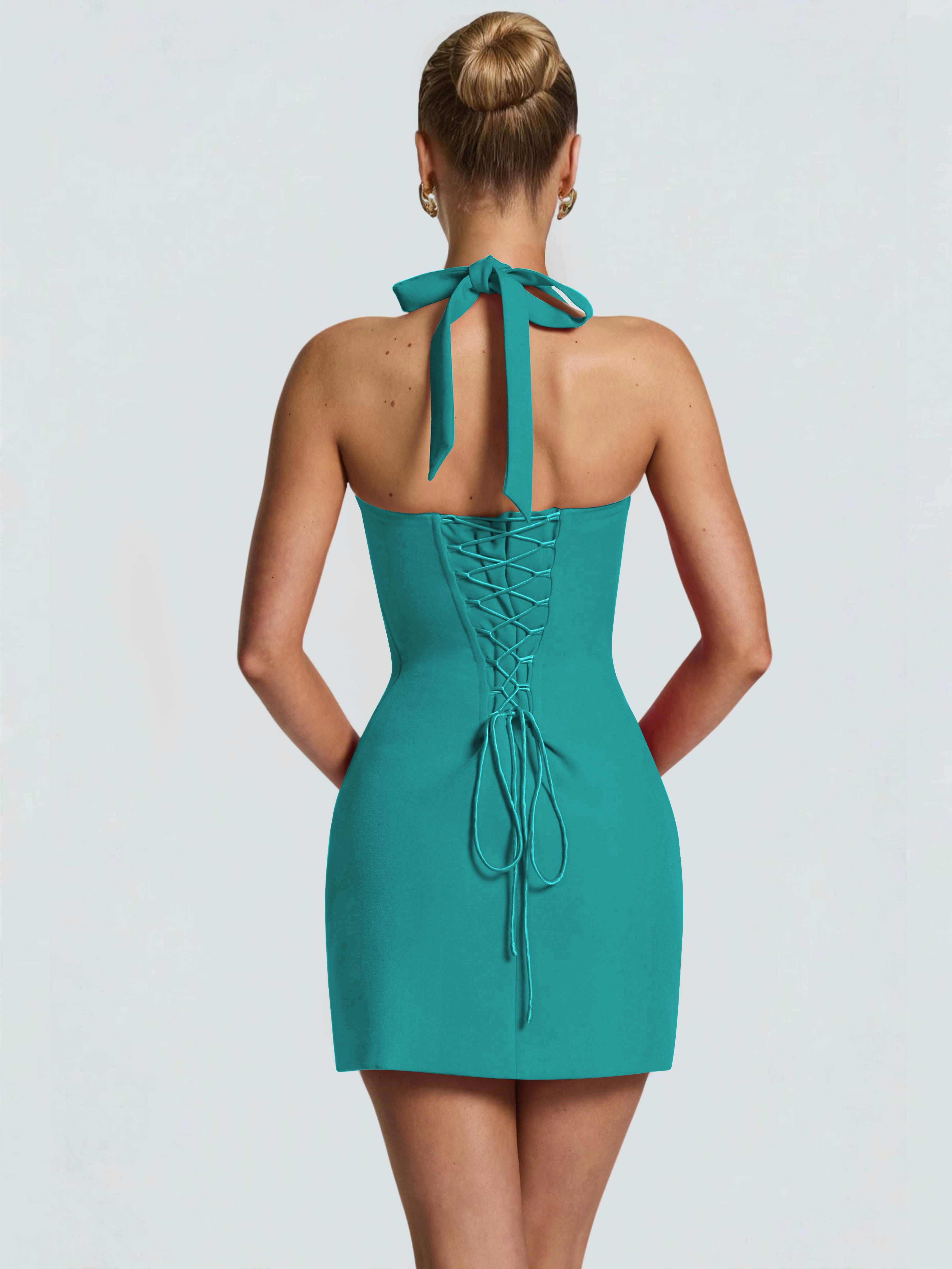 ROVDESY Halter Lace Satin Tight Homecoming Mini Dress