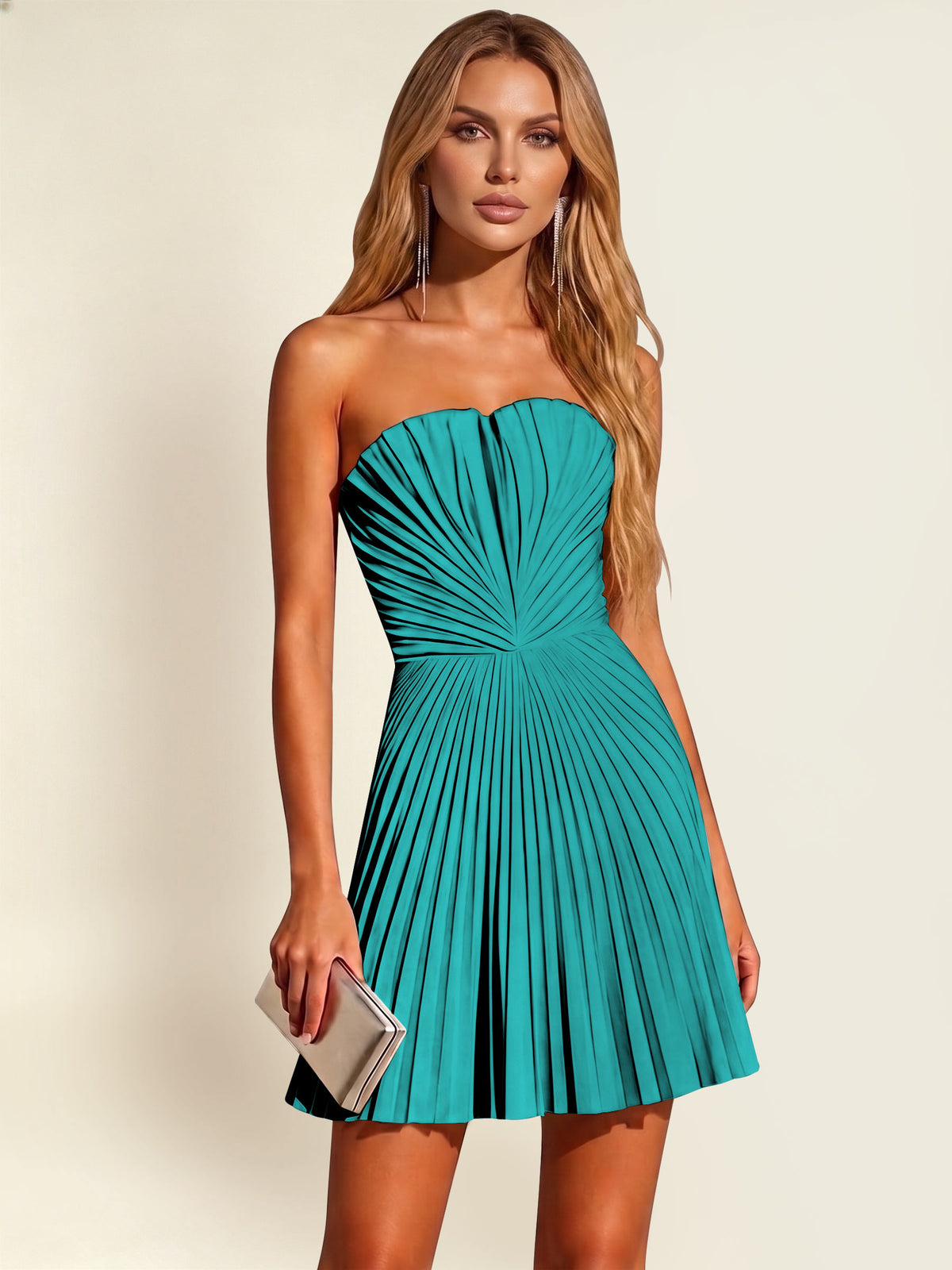 ROVDESY A-Line Strapless Pleated Satin Homecoming Mini Dress