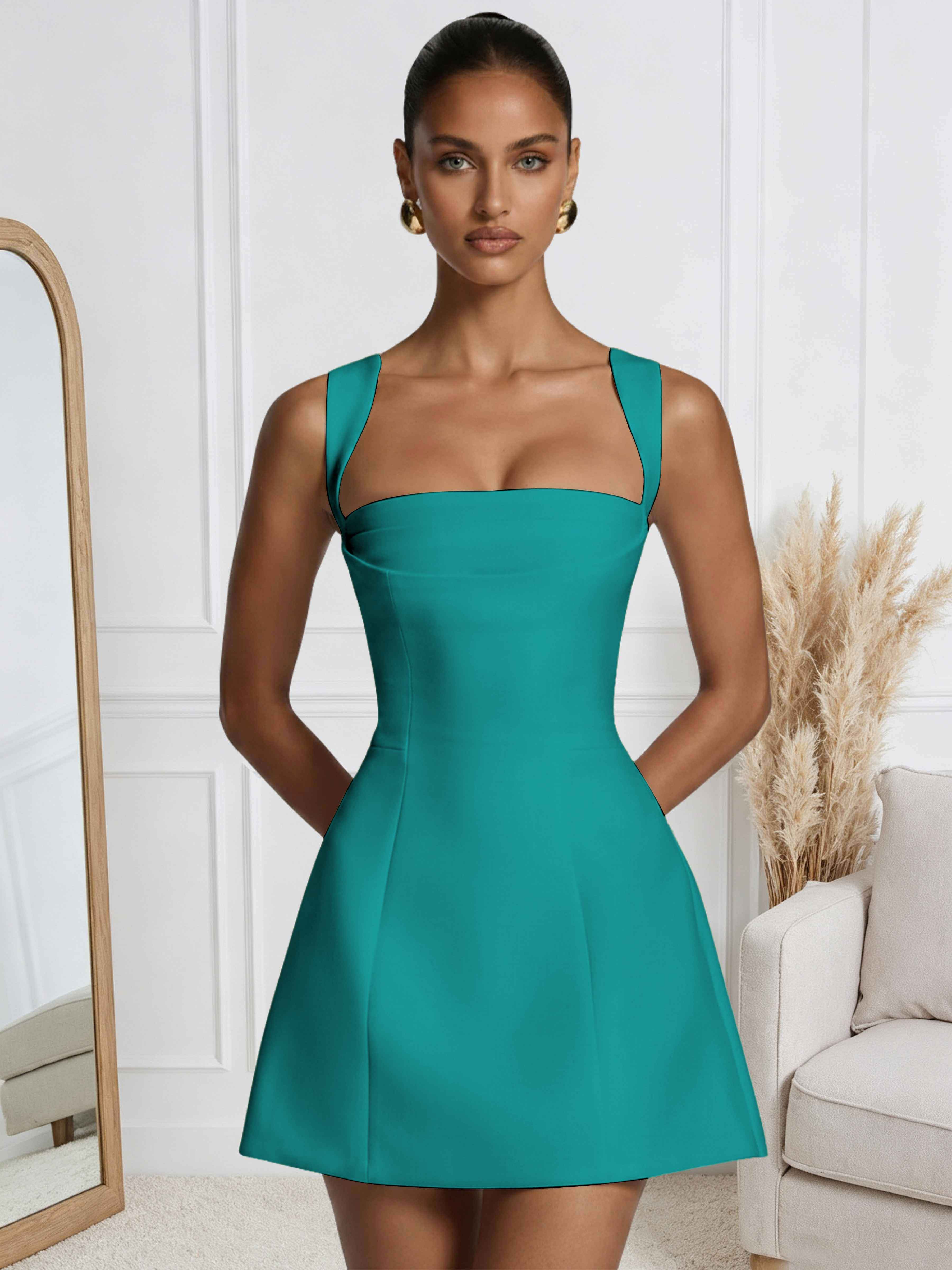 ROVDESY A-Line Square Neck Satin Homecoming Mini Dress