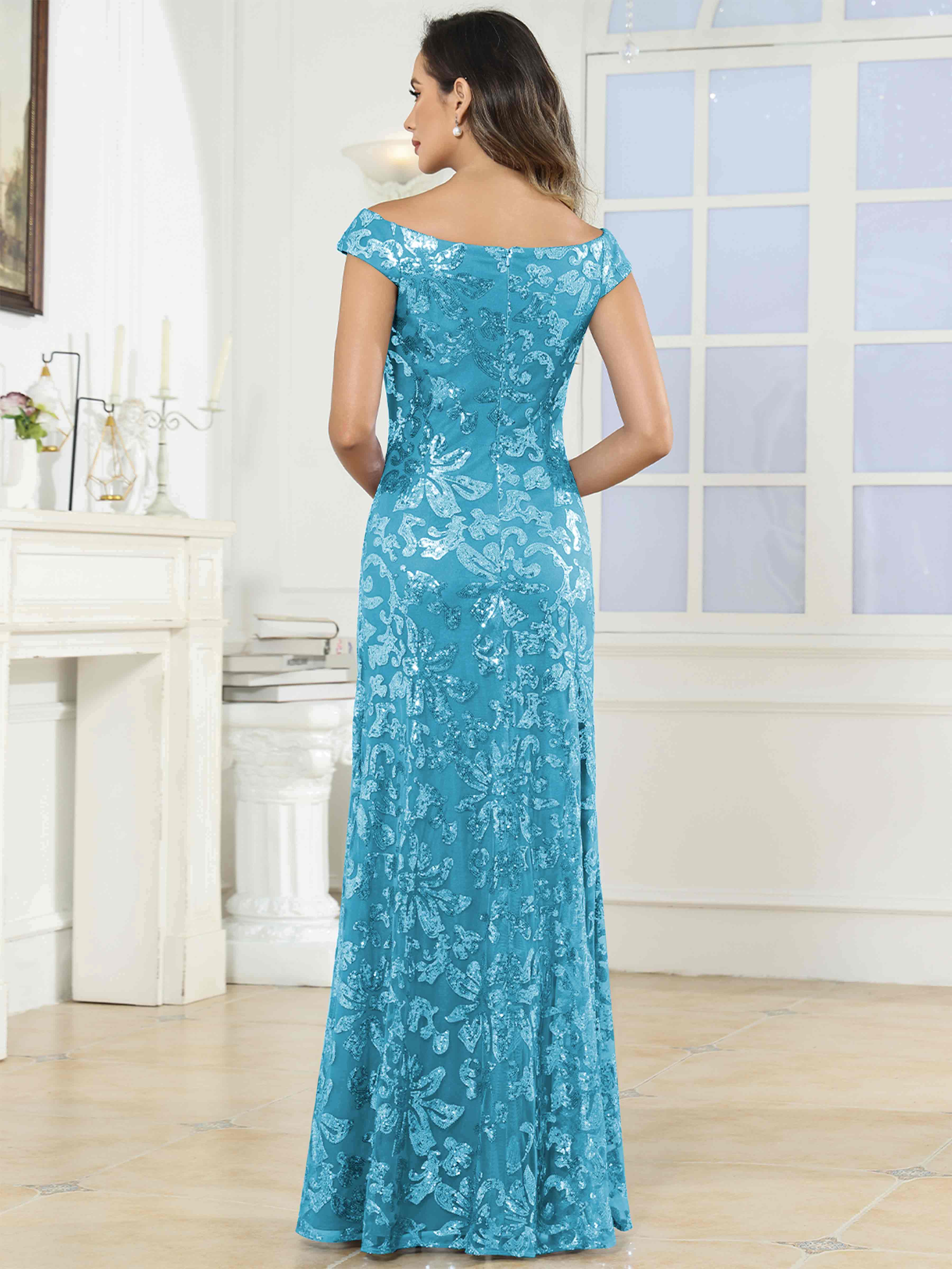 ROVDESY Off-The-Shoulder Mermaid Sequin Mother Of The Bride Dress Formal Gown