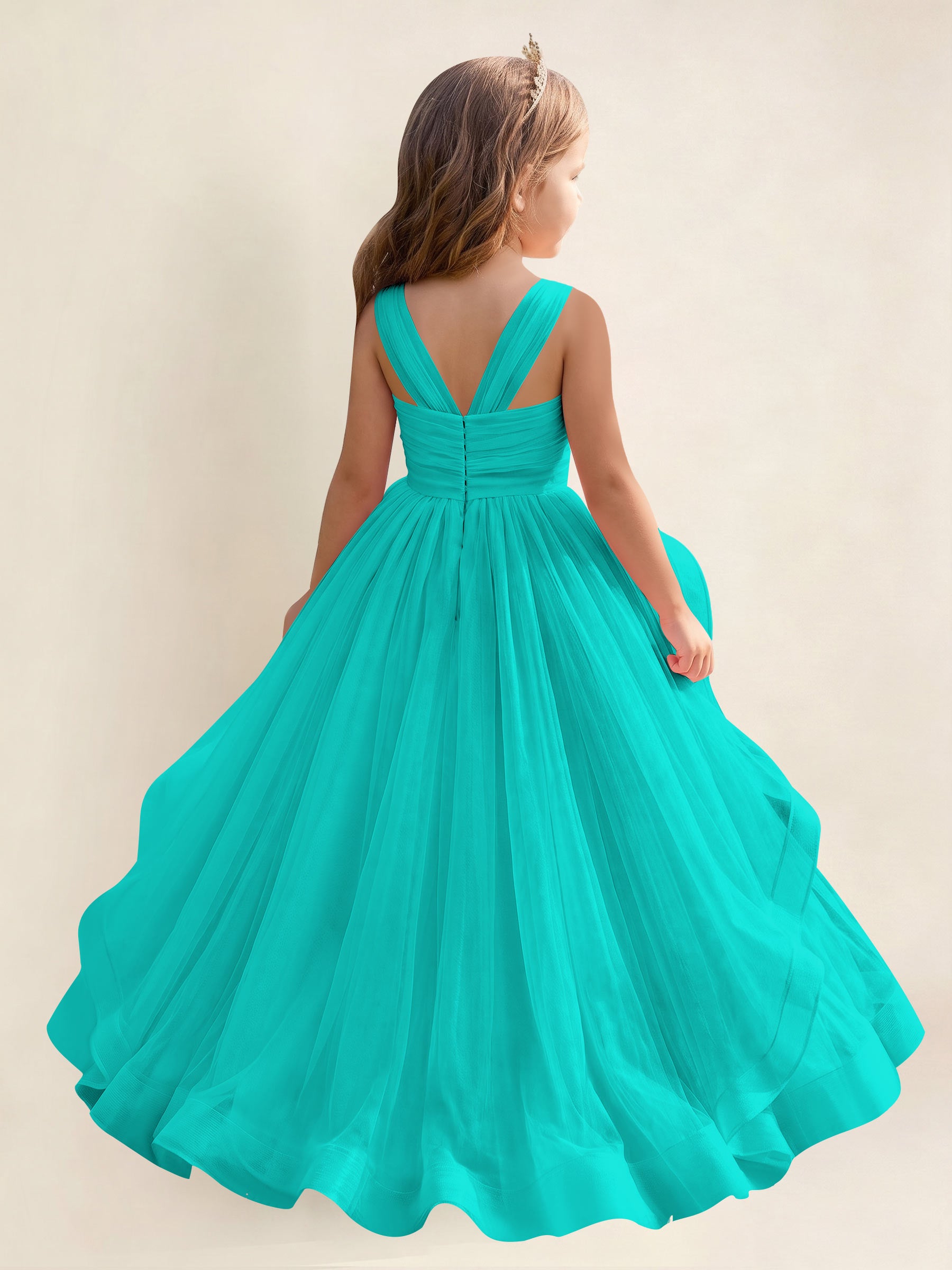 ROVDESY A-Line V-Neck Tulle Flower Girl Dress With Sleeveless Long Ball Gown Dress