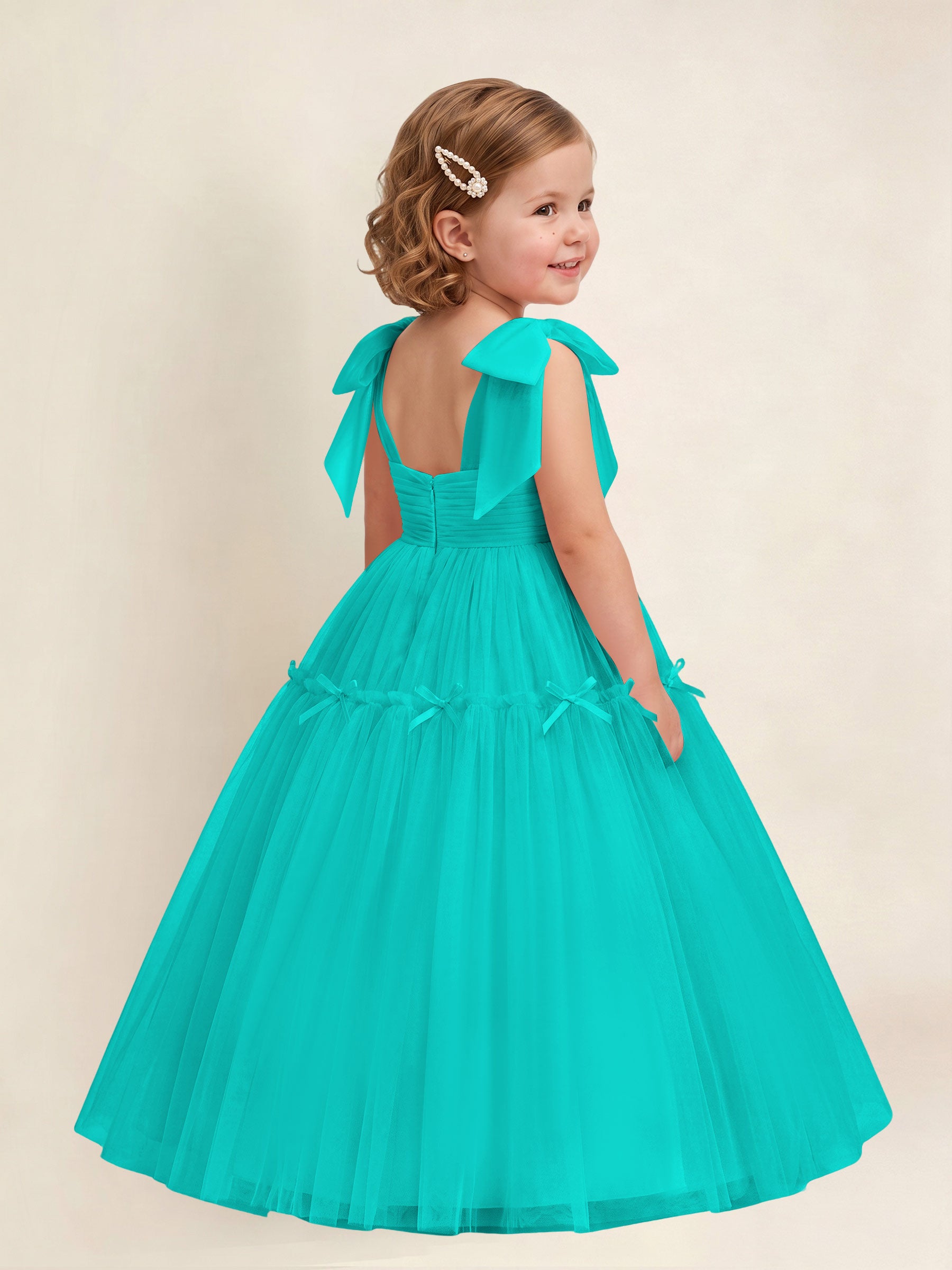 ROVDESY A-Line Tulle Flower Girl Dress With Bow Long Ball Gown Dress