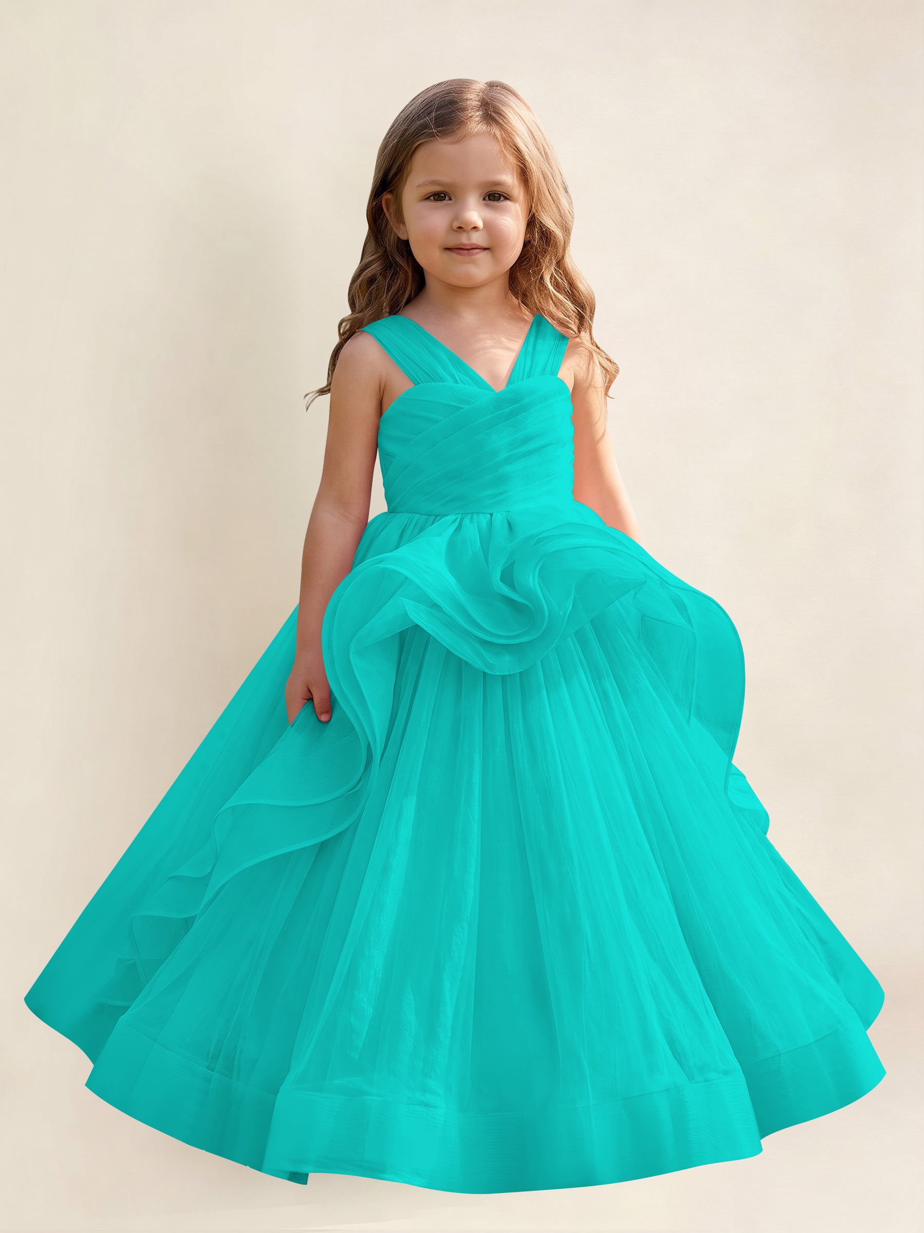 ROVDESY A-Line V-Neck Tulle Flower Girl Dress With Sleeveless Long Ball Gown Dress