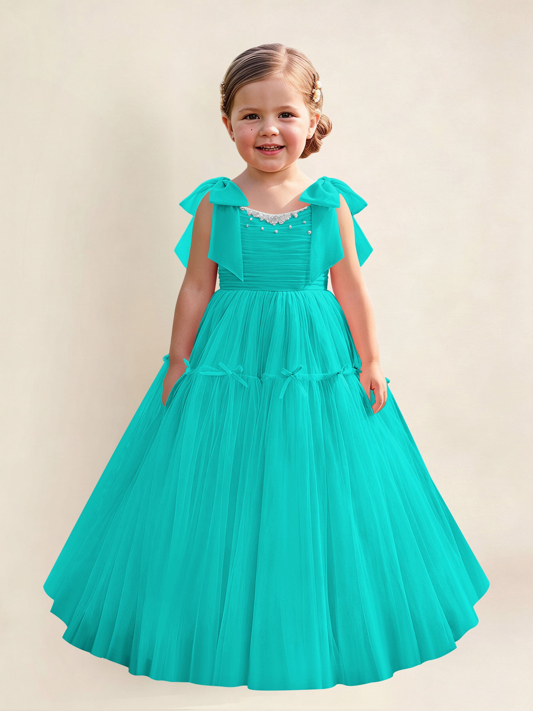 ROVDESY A-Line Tulle Flower Girl Dress With Bow Long Ball Gown Dress