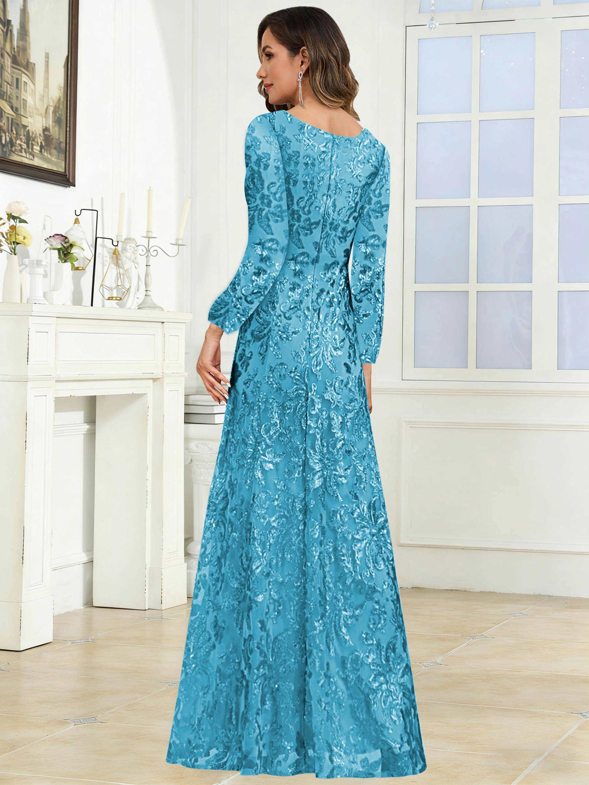 Crew Neck Sequin Lace Long Sleeve Mother of the Bride Dress