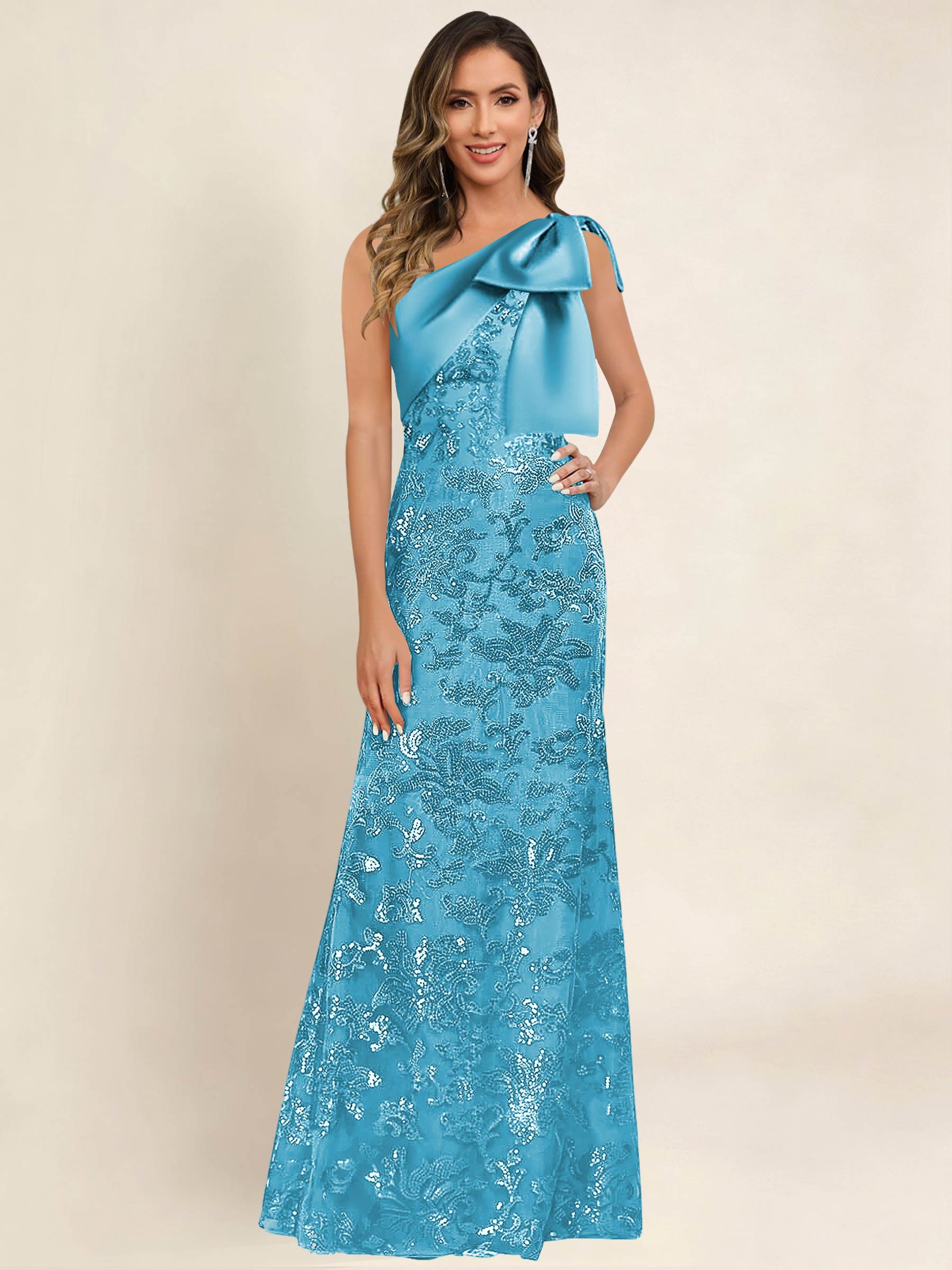 ROVDESY One Shoulder Sequin Mermaid Long Mother Of The Bride Dress Formal Gown With Bow