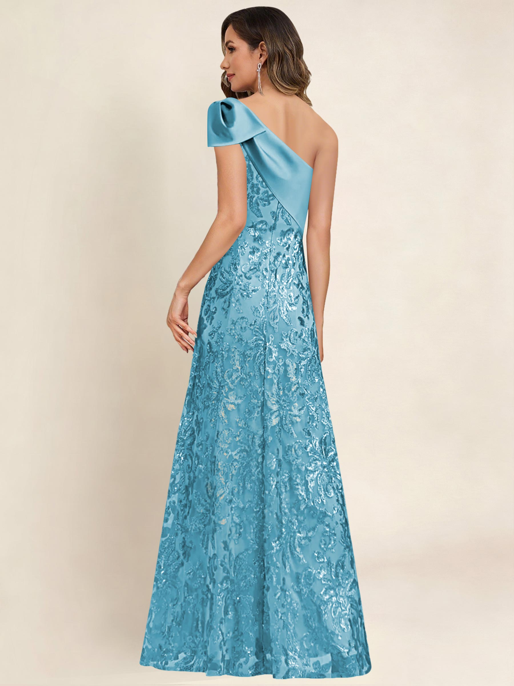 ROVDESY One Shoulder Sequin Mermaid Long Mother Of The Bride Dress Formal Gown With Bow