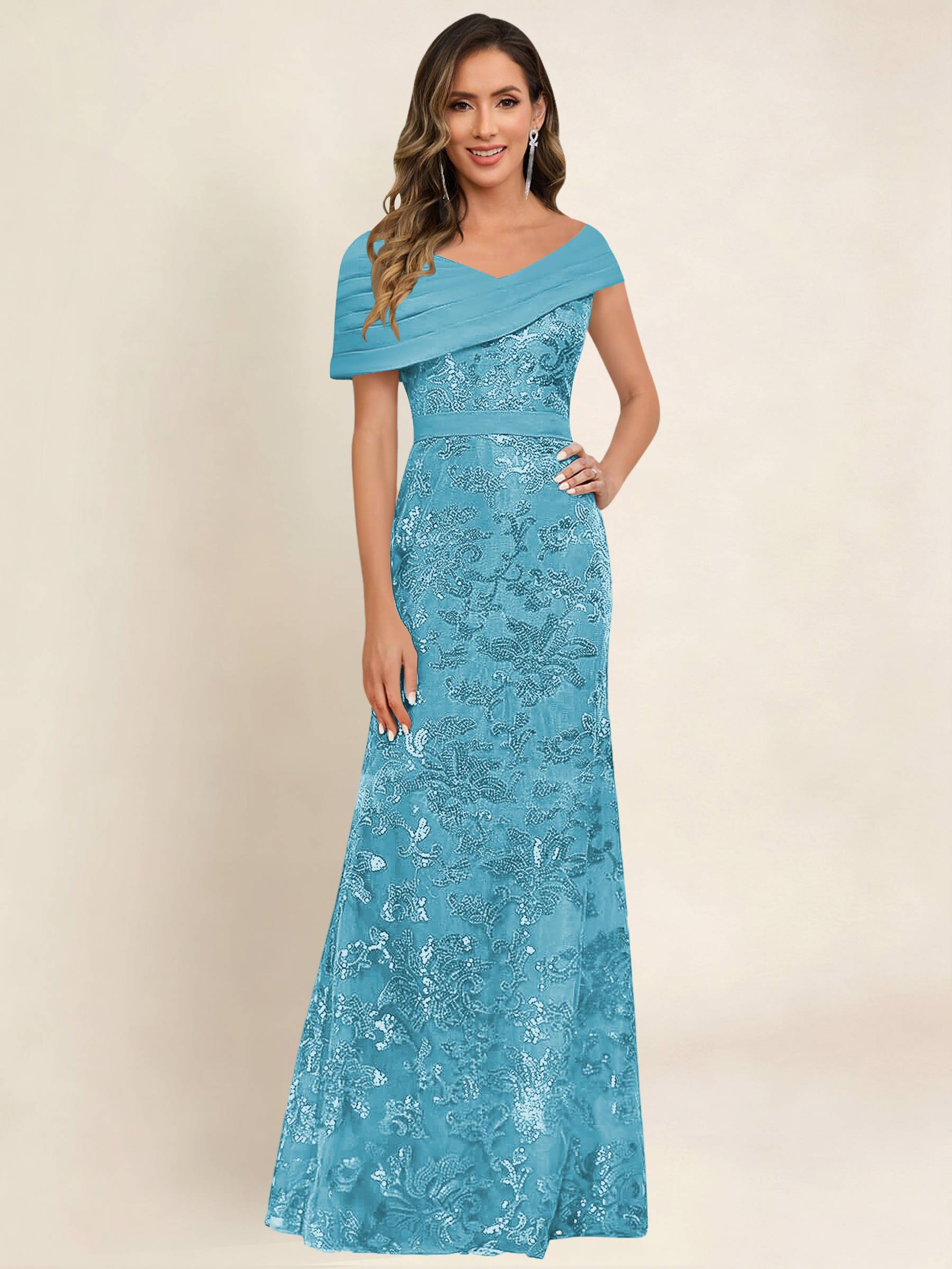 ROVDESY Off the Shoulder Sequin Mermaid Long Mother Of The Bride Dress Formal Gown