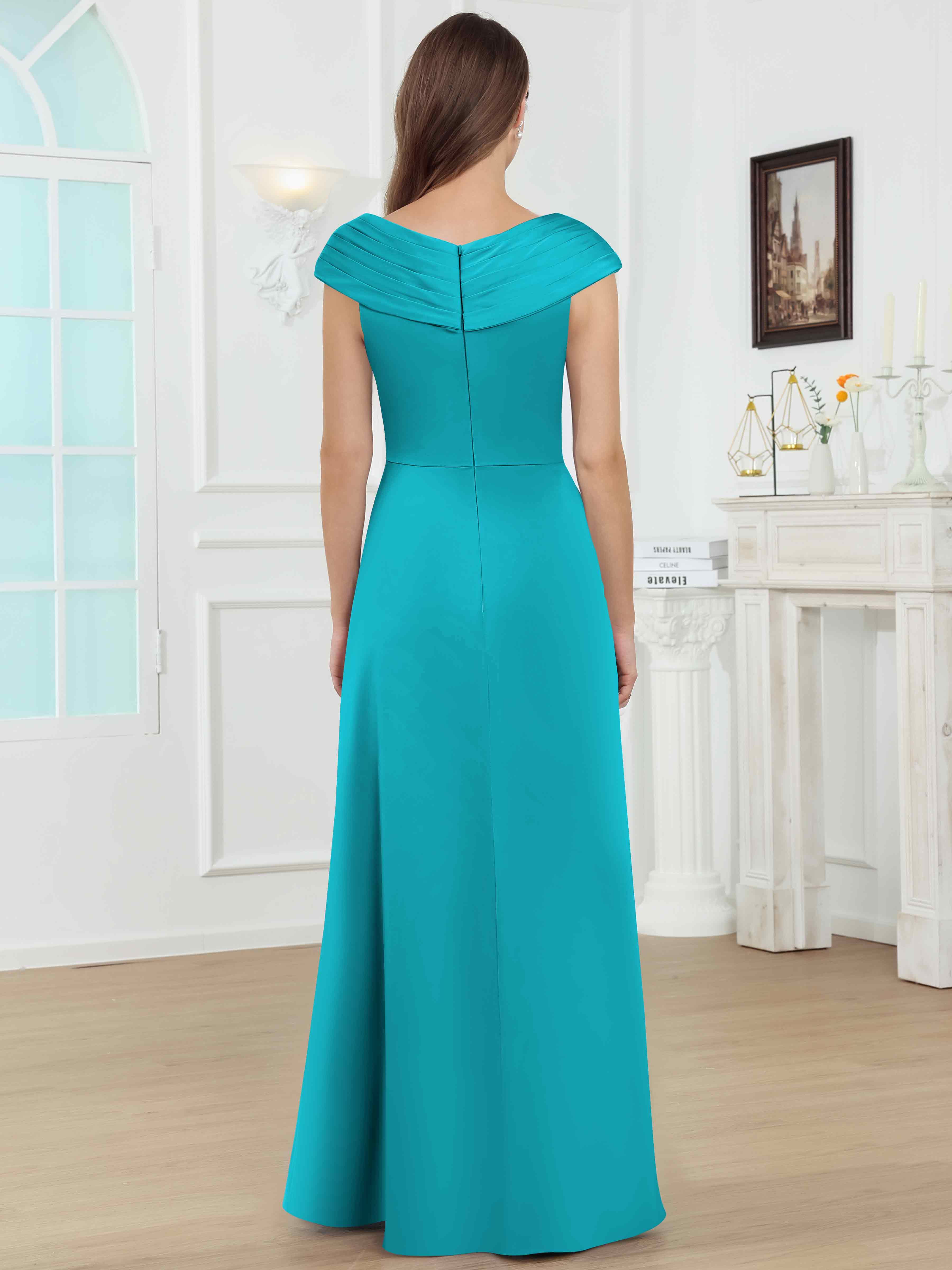 ROVDESY V-Neck Off The Shoulder Pleated Satin Mother Of The Bride Dress With Slit