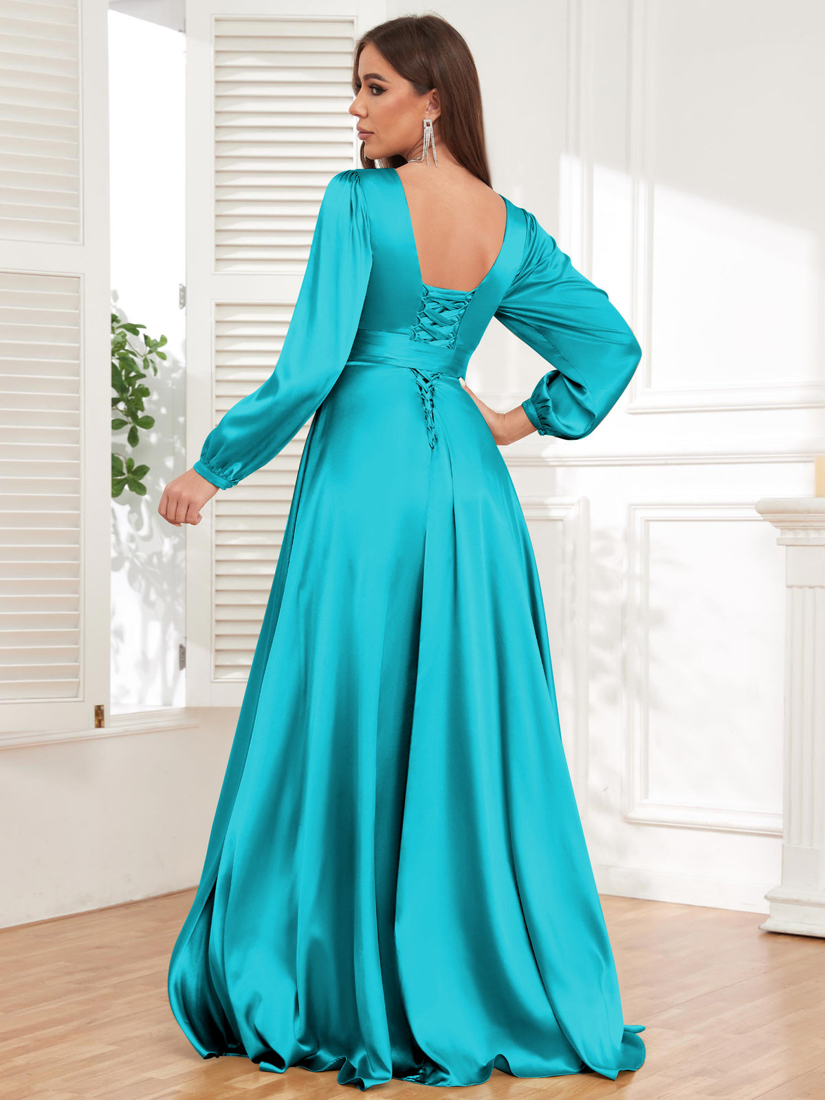 V Neck Satin Long Sleeve Bridesmaid Dress with Slit
