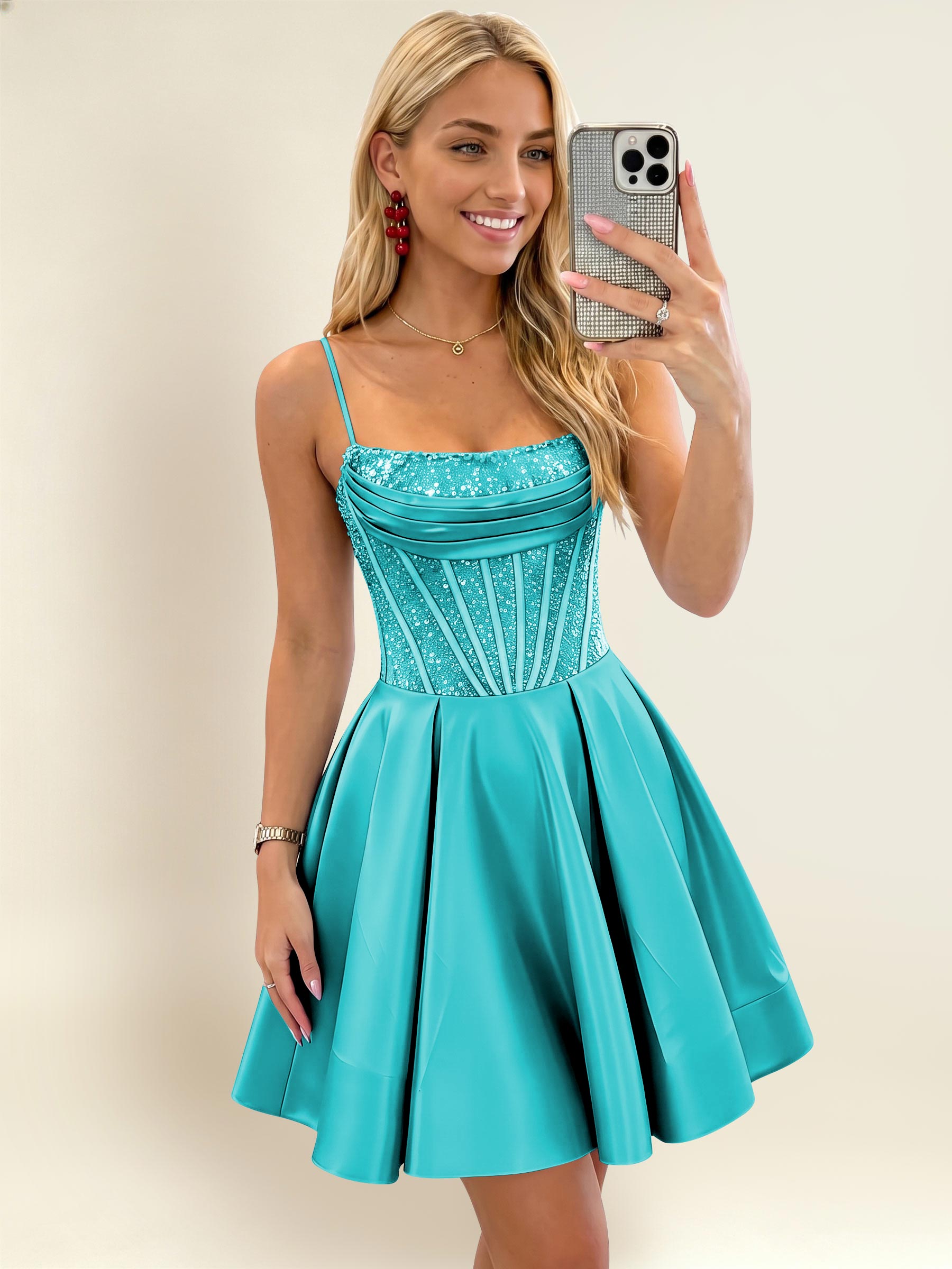 ROVDESY A-Line Spaghetti Strap Sequin Corset Satin Homecoming Mini Dress