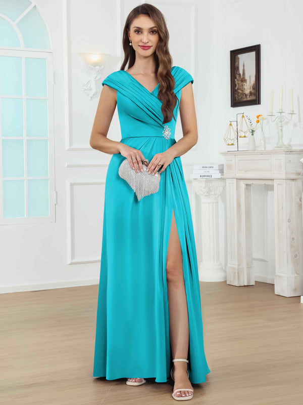V-Neck Off The Shoulder Pleated Satin Mother Of The Bride Dress With Slit