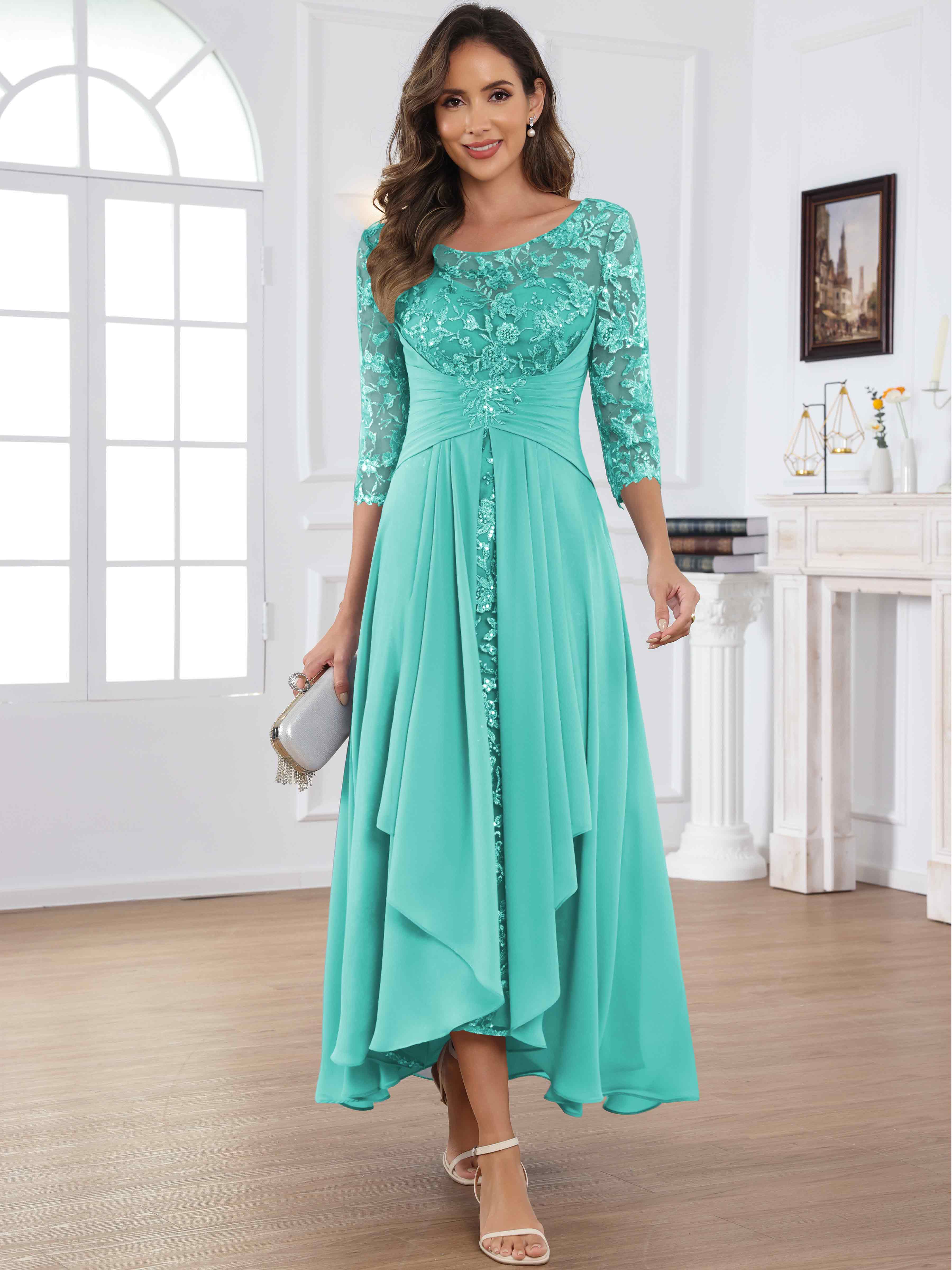 ROVDESY Tea Length Lace Chiffon Mother of The Bride Dress with 3/4 Sleeves