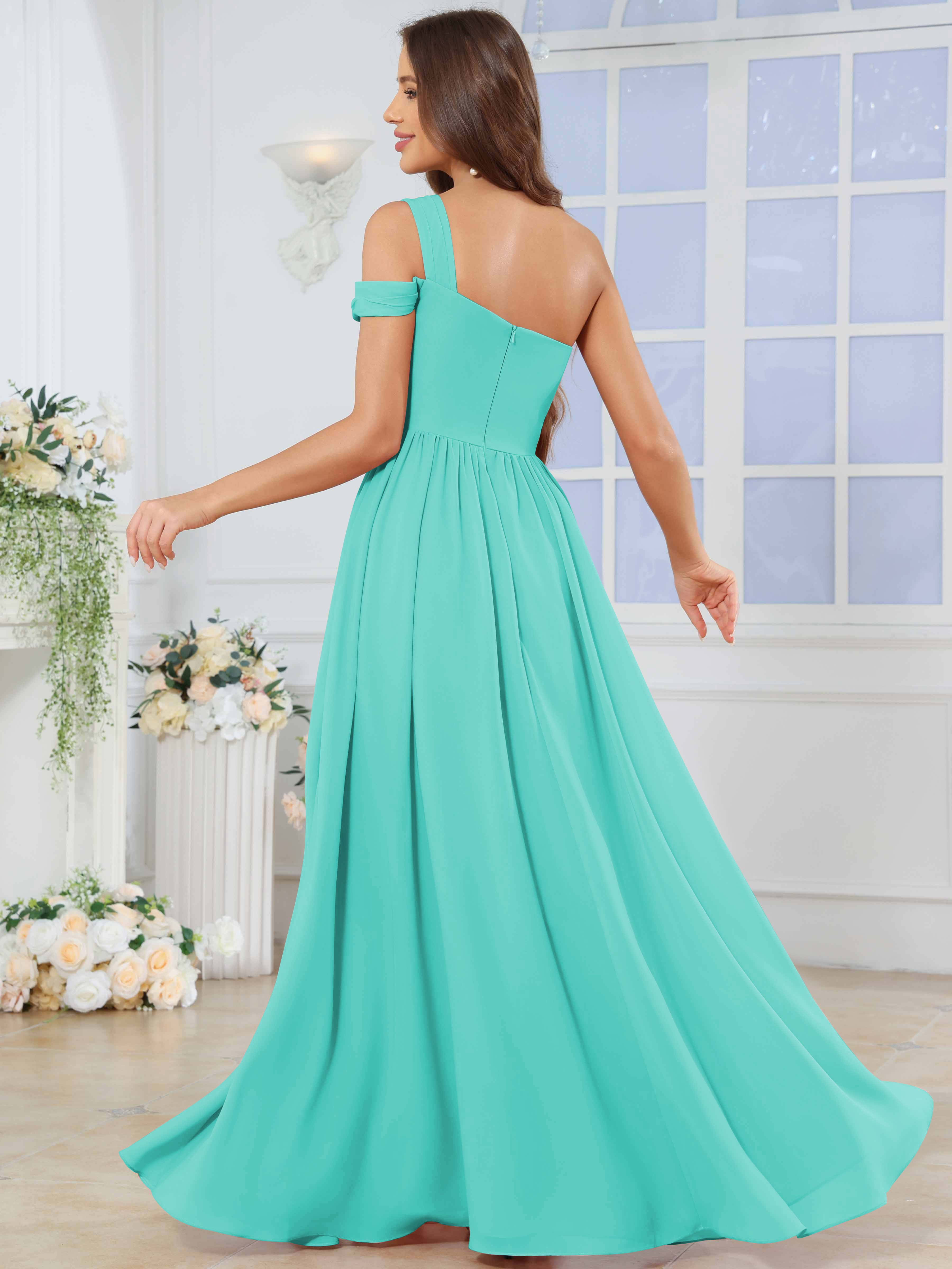 ROVDESY One Shoulder Pleated Chiffon Bridesmaid Dress With Slit