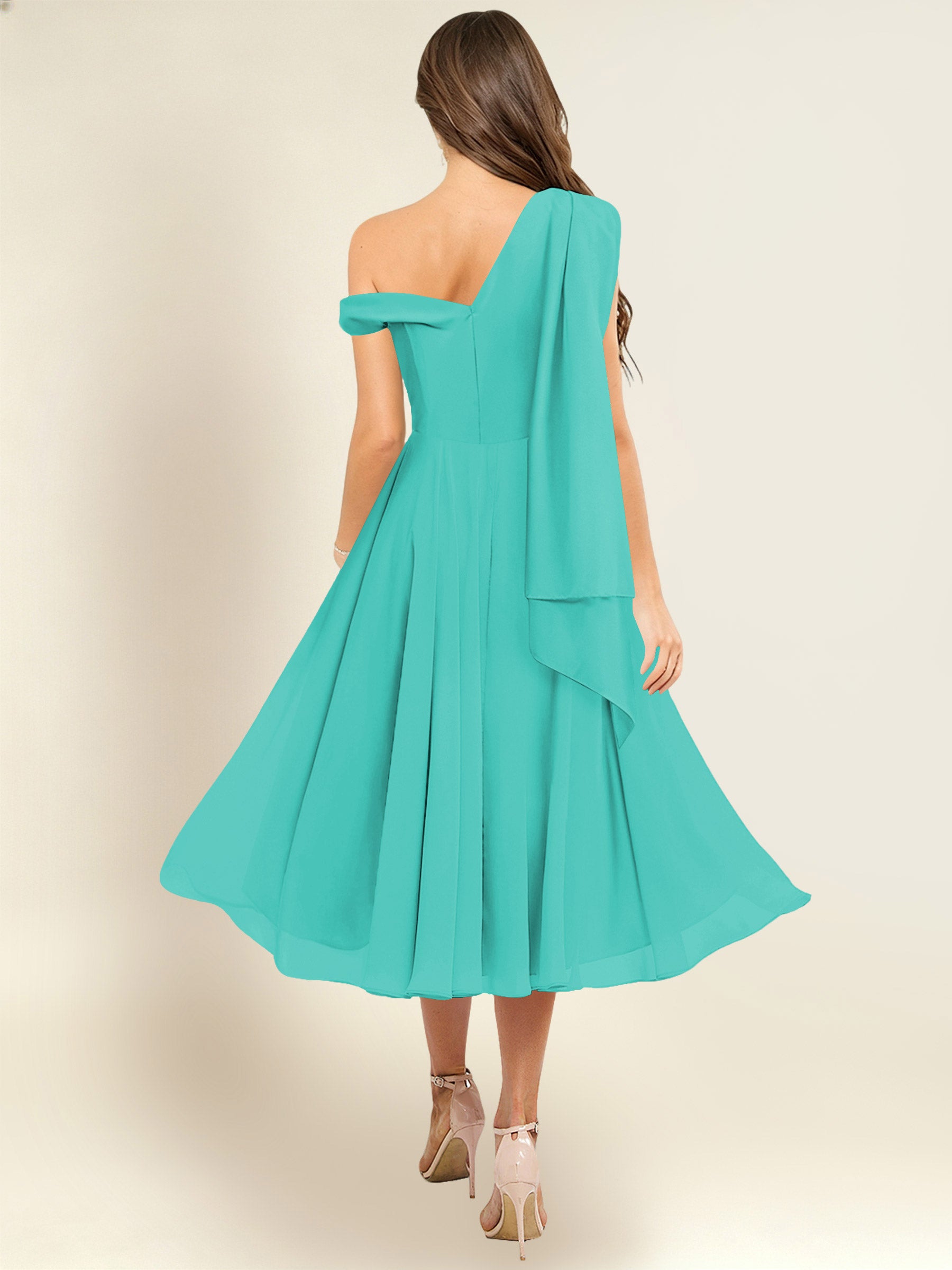ROVDESY A-Line One Shoulder Pleated Chiffon Bridesmaid Dress With Flowing Sash