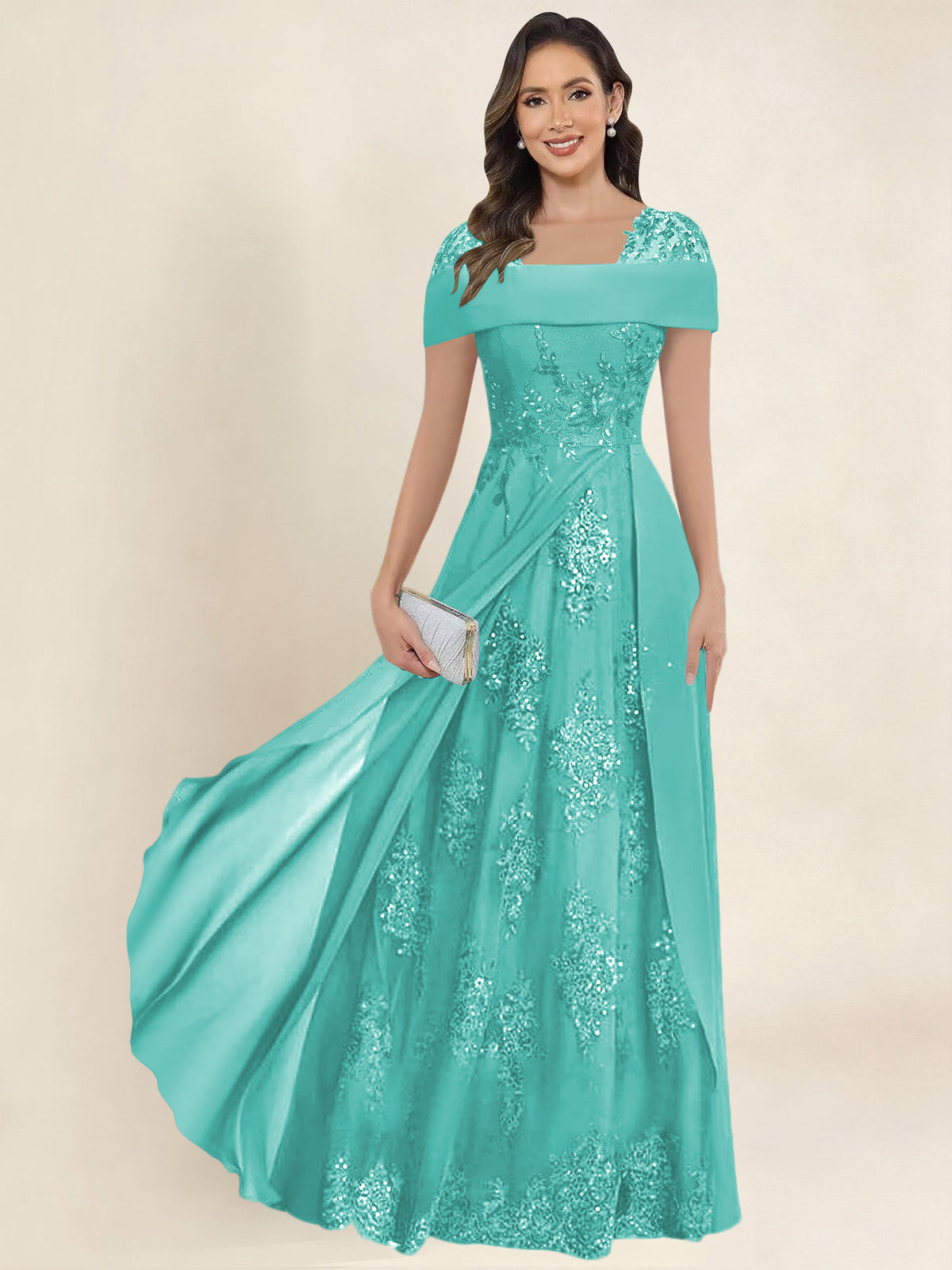 ROVDESY A-Line Off The Shoulder Lace Chiffon Long Mother of the Bride Dress Formal Gown