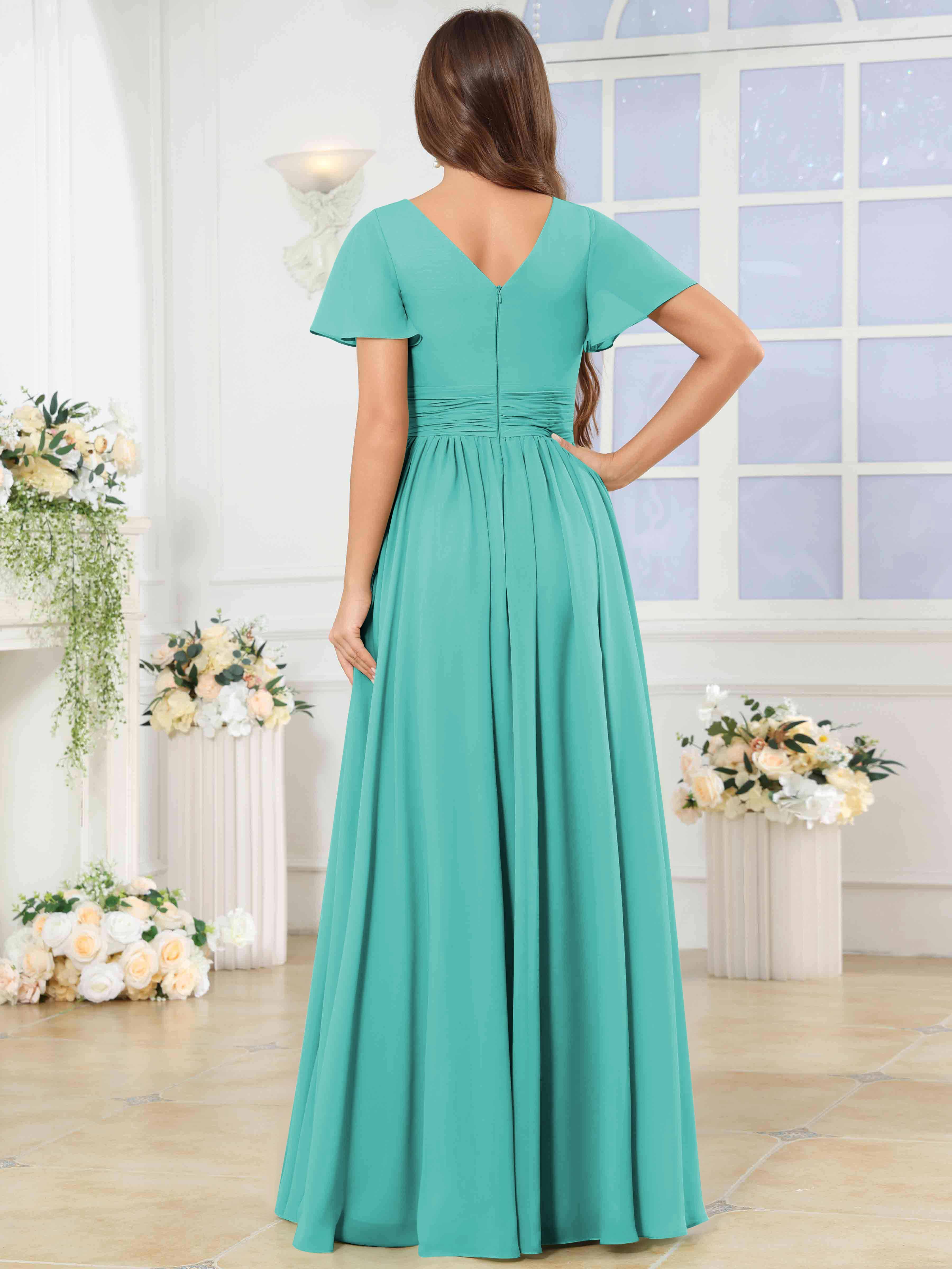 ROVDESY A-Line V-Neck Slit Pleated Ruffle Chiffon Bridesmaid Dress With Short Sleeves