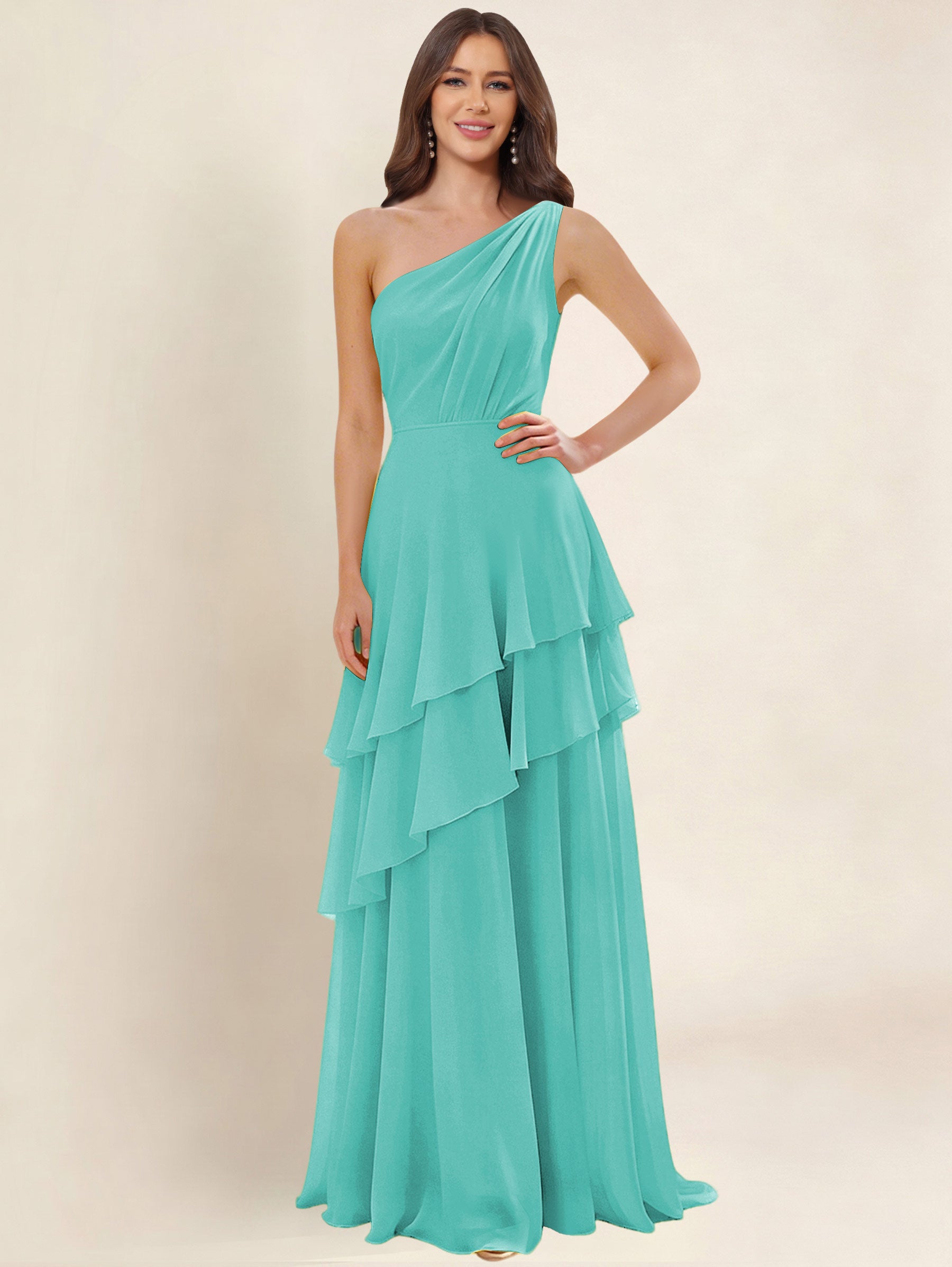 ROVDESY A-Line One Shoulder Pleated Tiered Chiffon Bridesmaid Dress