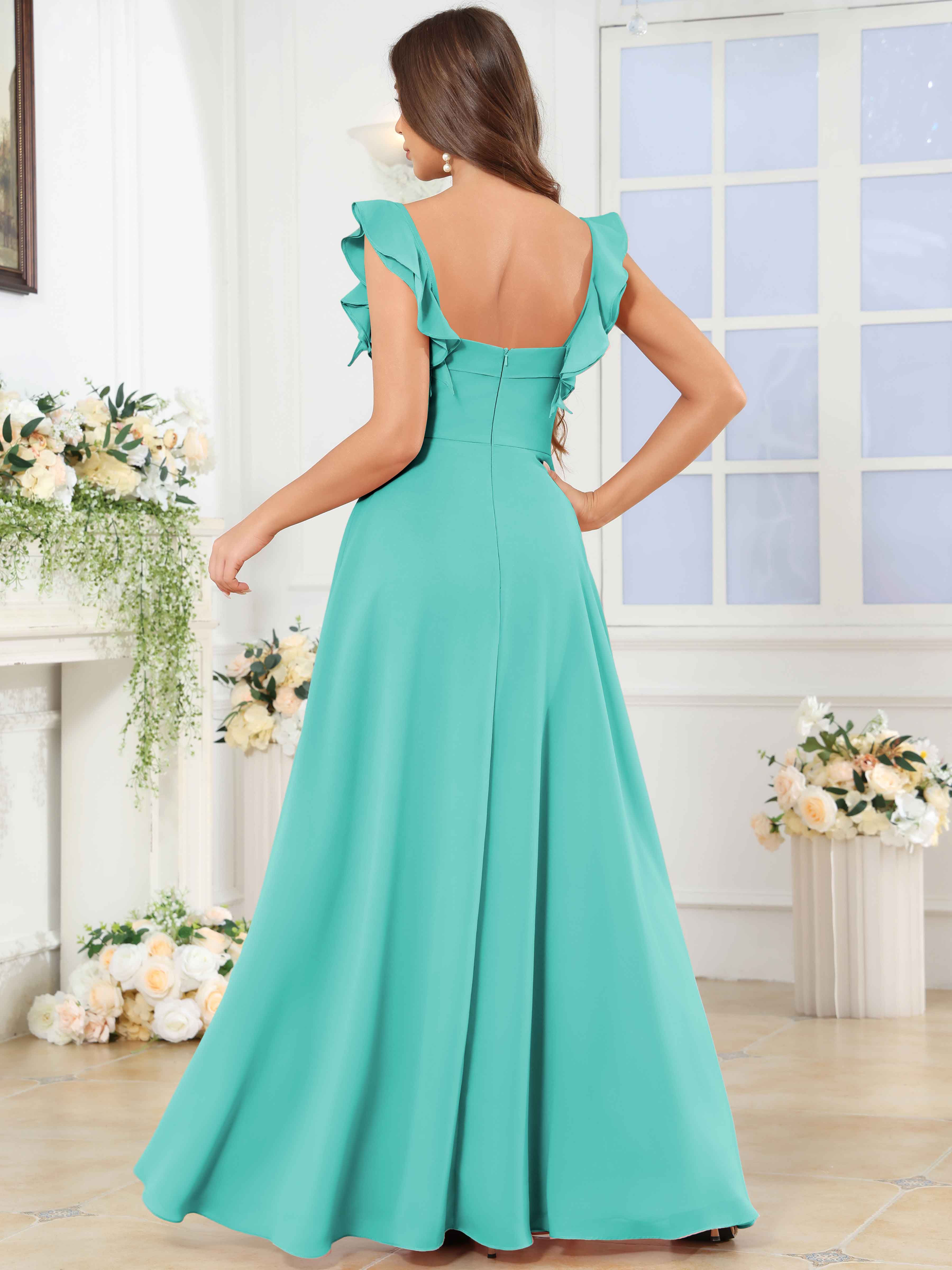 ROVDESY Square Neck Ruffle Chffion Bridesmaid Dress With Slit