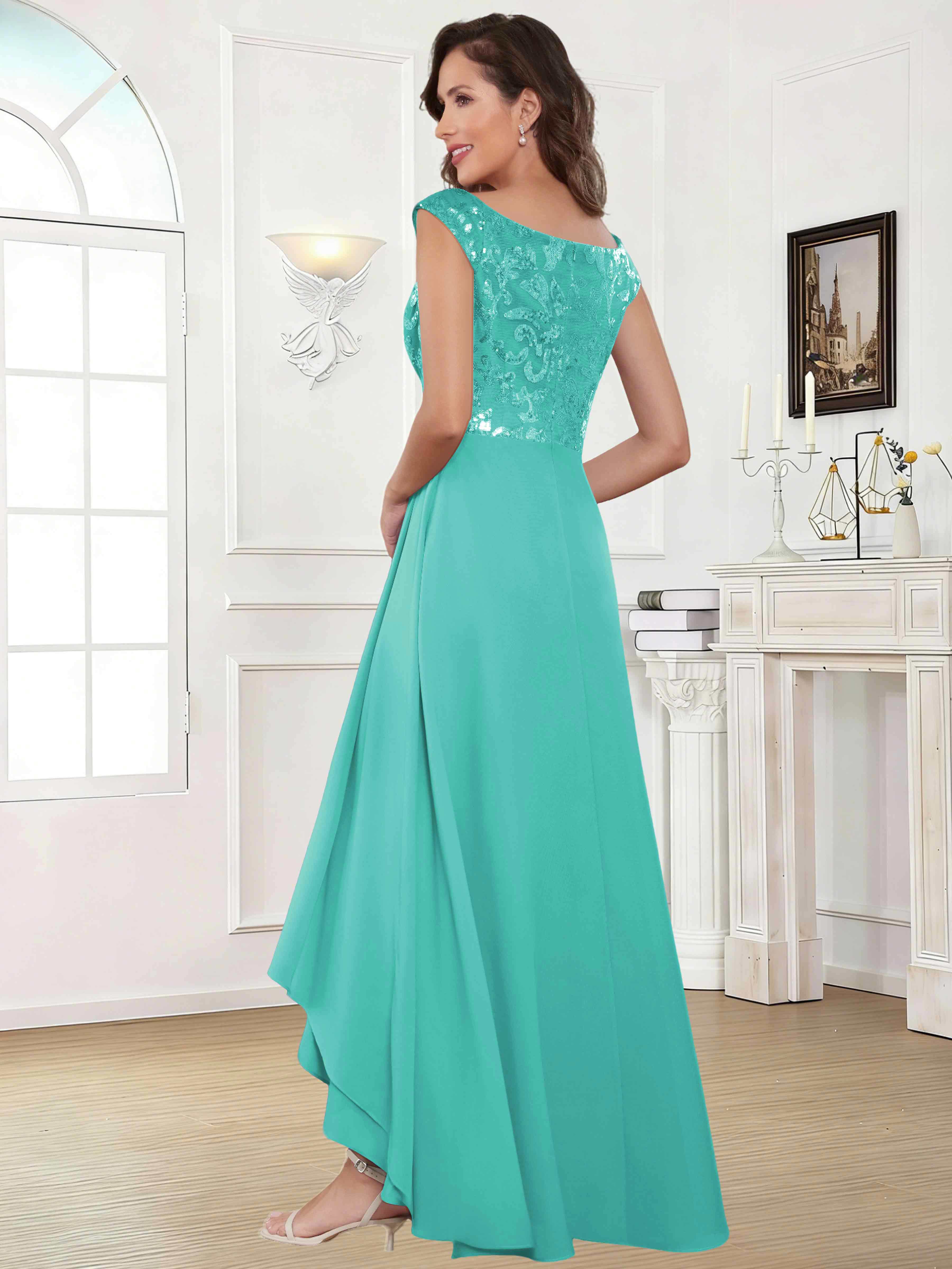 ROVDESY Tea Length Off-The-Shoulder Sequin Chiffon Mother Of The Bride Dress