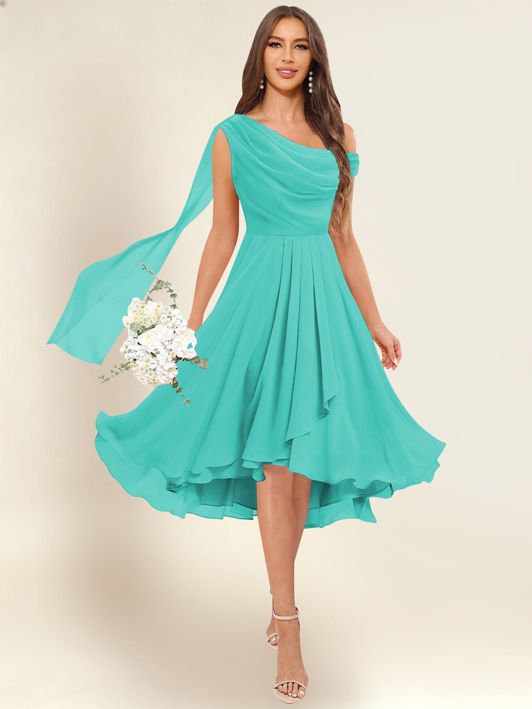 ROVDESY A-Line One Shoulder Pleated Chiffon Bridesmaid Dress With Flowing Sash