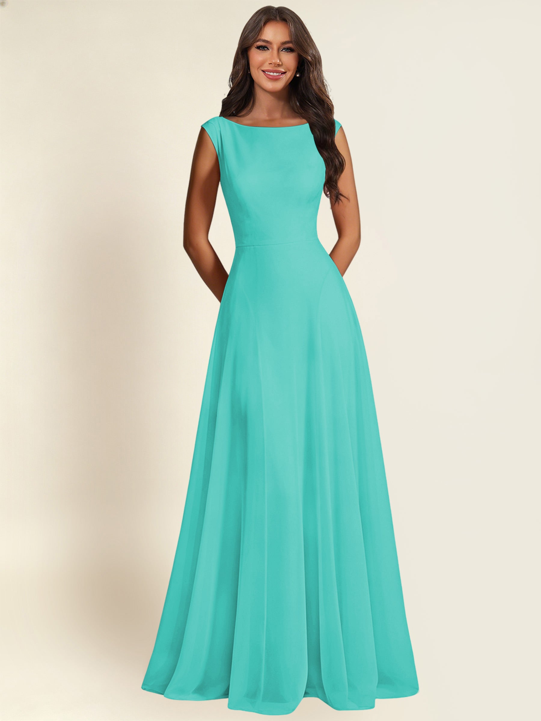 ROVDESY A-Line Chiffon Long Bridesmaid Dress With Sleeveless