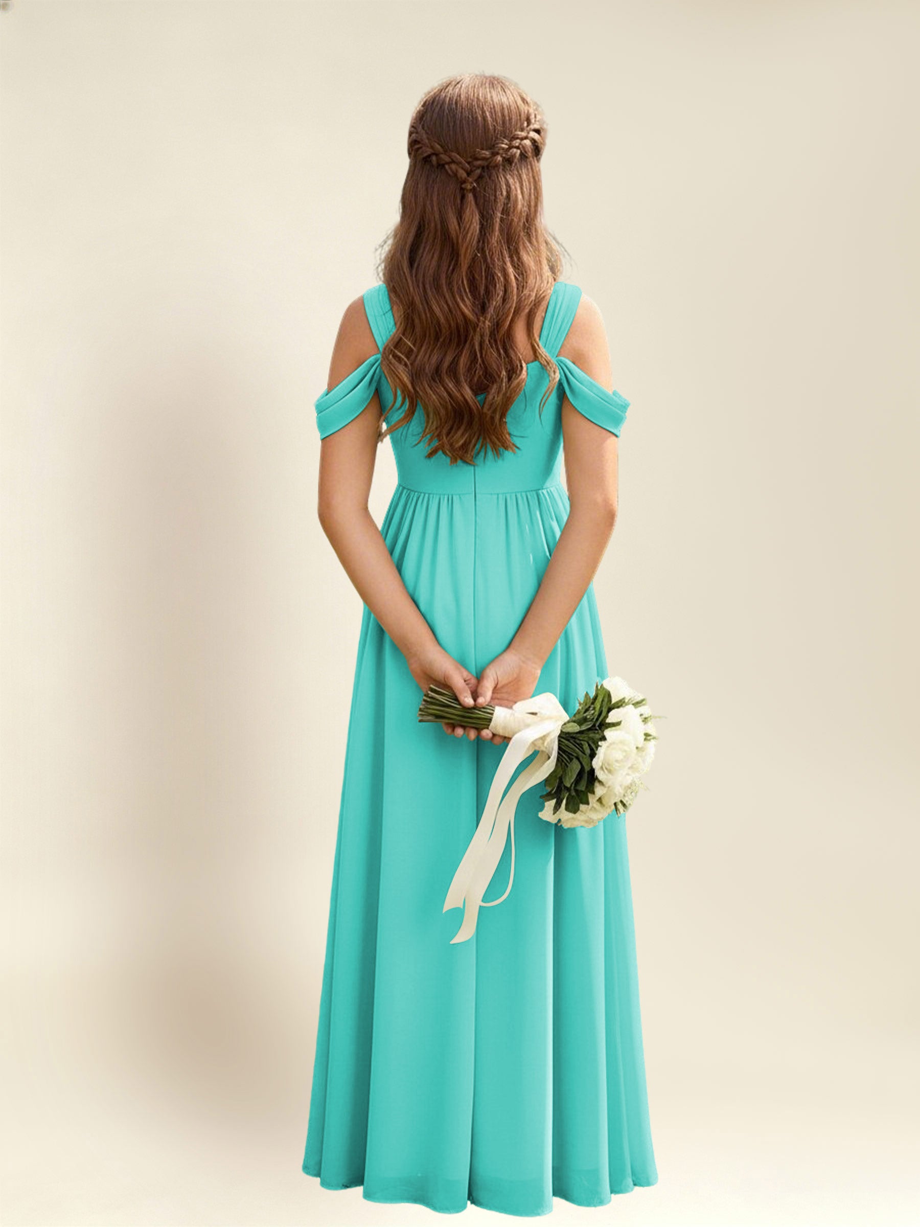 ROVDESY A-Line Off The Shoulder Pleated Chiffon Junior Bridesmaid Dress