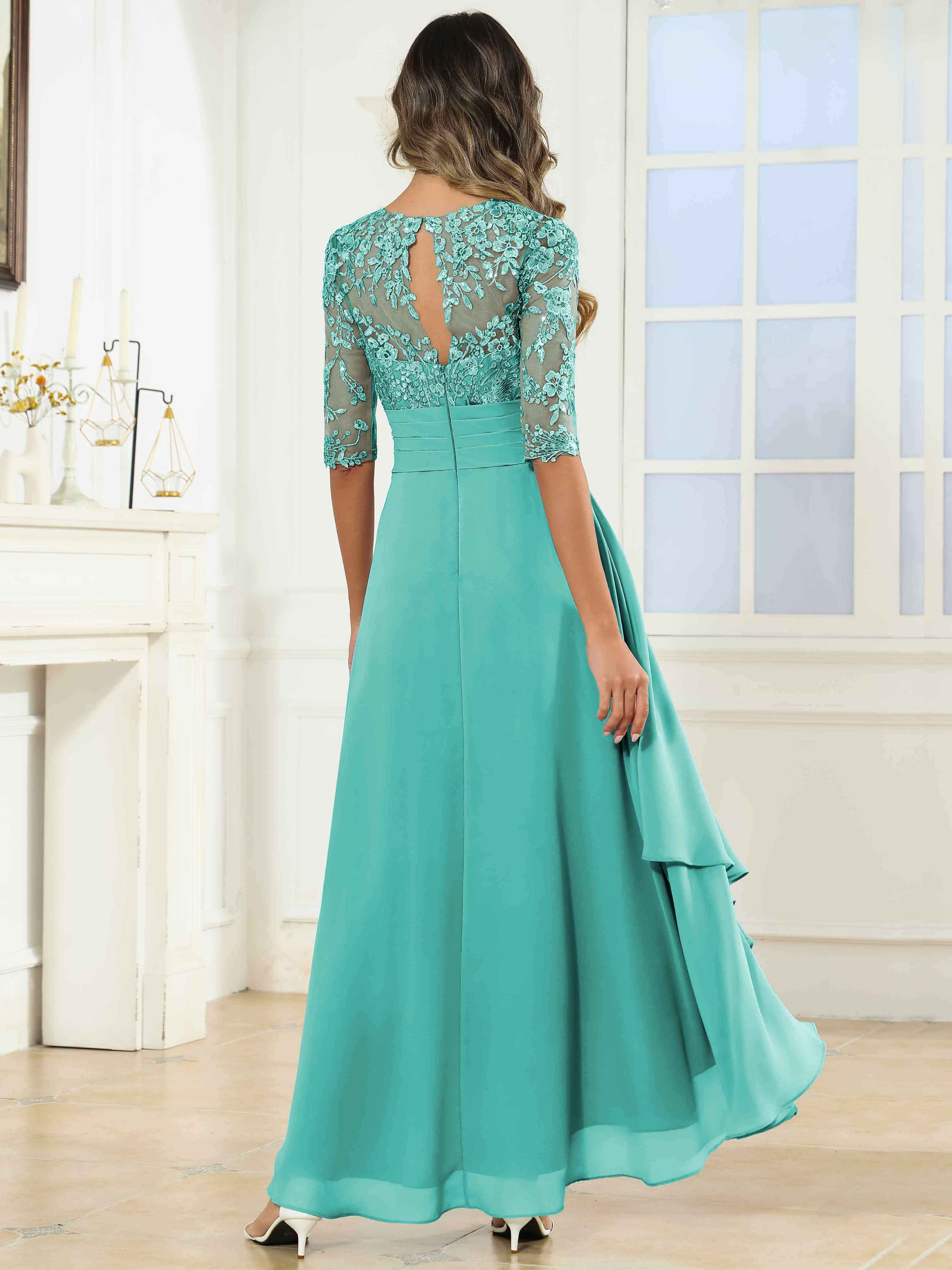ROVDESY Tea Length A-Line Lace Chiffon Mother Of The Bride Dress With Half Sleeves