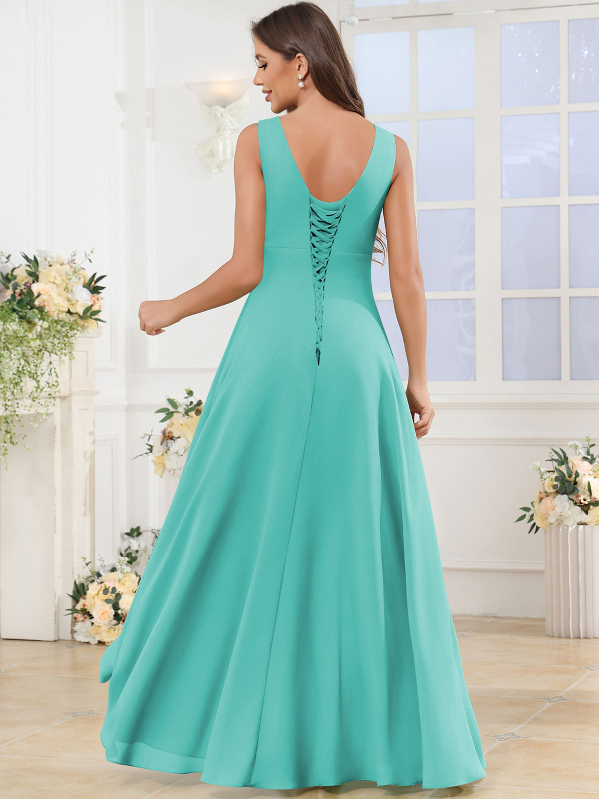 V Neck Chiffon A Line Ruffle Bridesmaid Dress with Slit