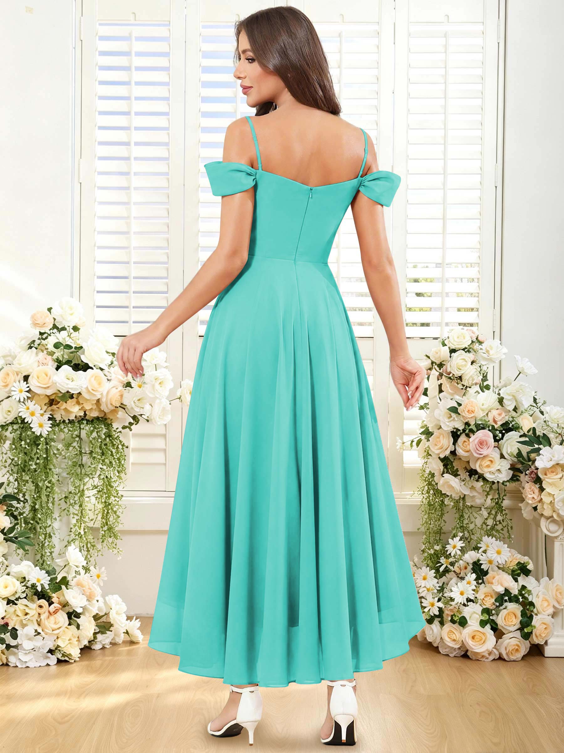 ROVDESY ROVDESY Short Cold Shoulder Sweetheart High Low Pleated Chiffon Bridesmaid Dress