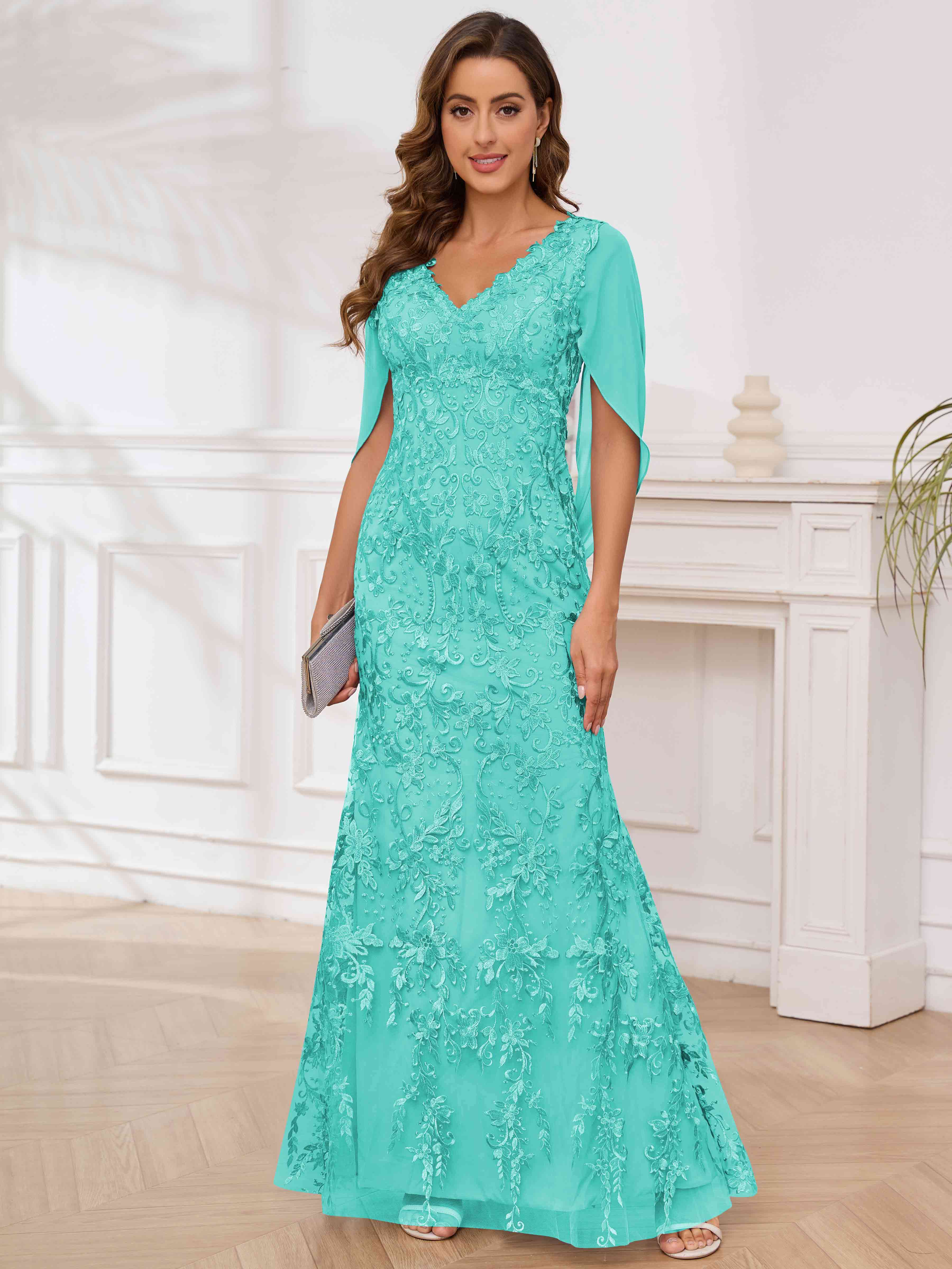 ROVDESY V-Neck Lace Mermaid Mother Of The Bride Dress With Cape Sleeves Long Formal Gown