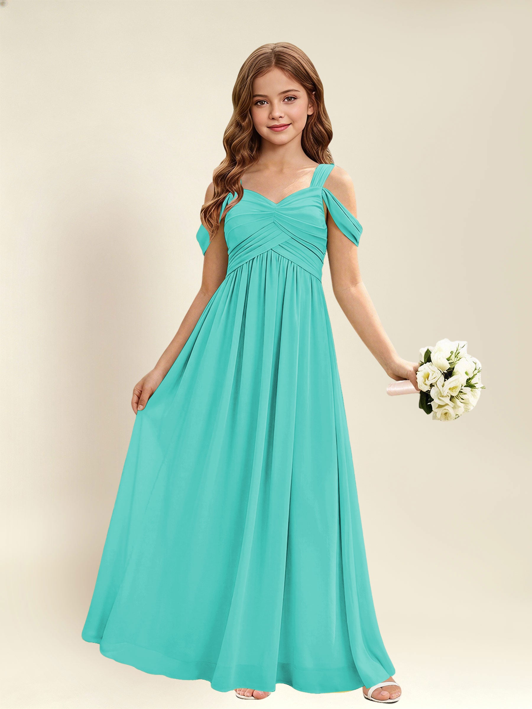 ROVDESY A-Line Off The Shoulder Pleated Chiffon Junior Bridesmaid Dress