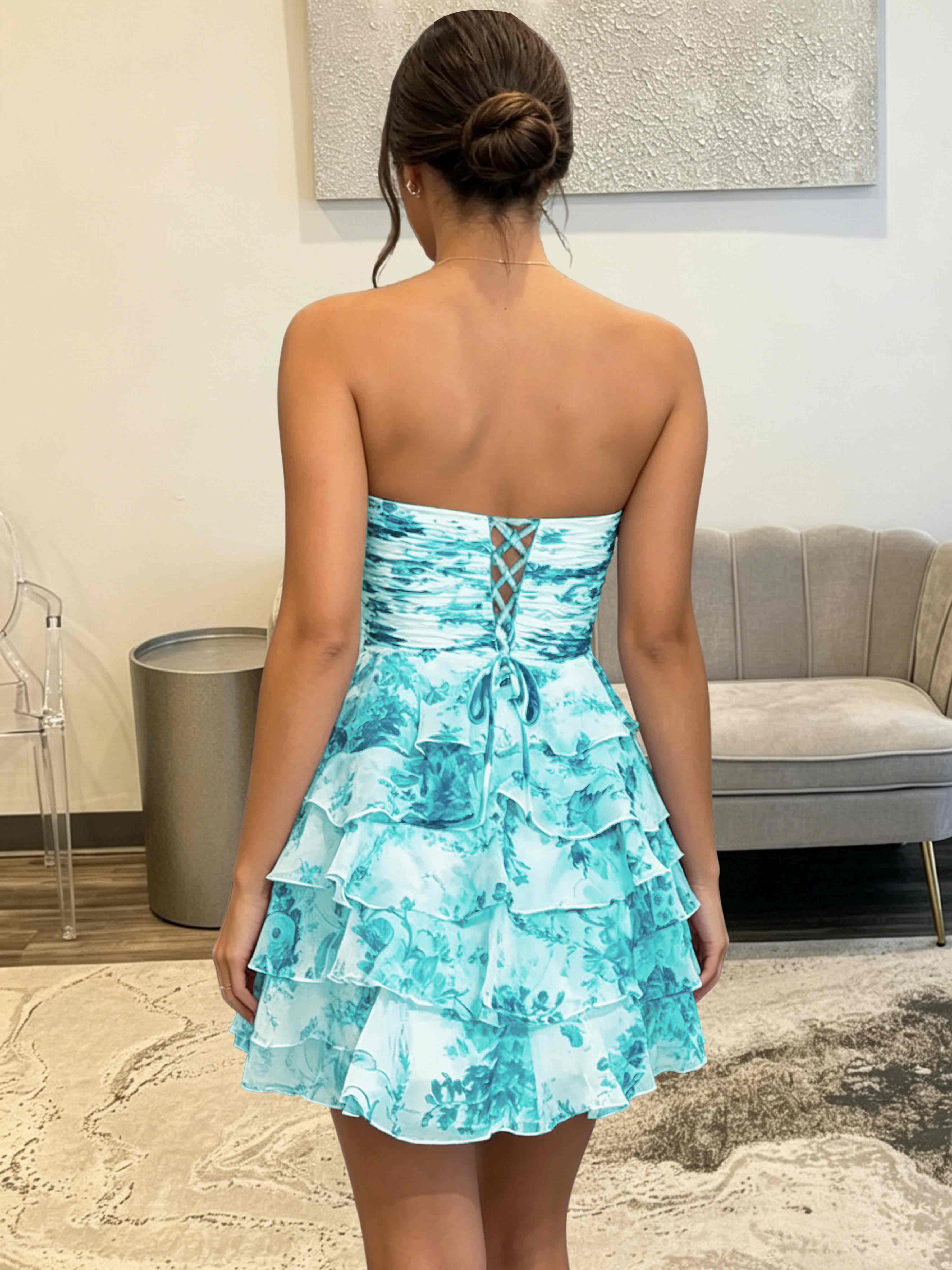 ROVDESY Strapless Tiered Ruffle Floral Print Chiffon Homecoming Mini Dress
