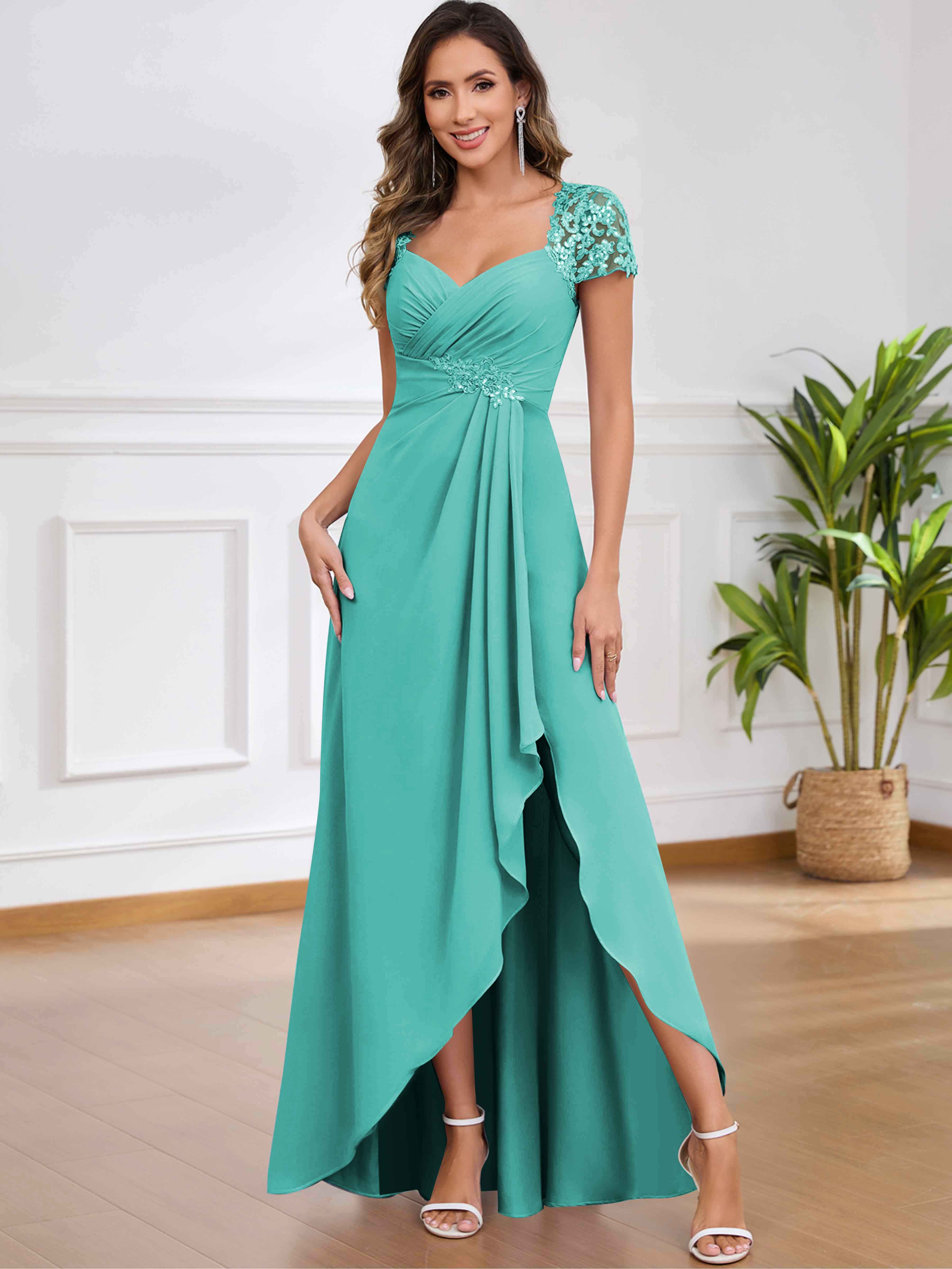 ROVDESY A-Line Pleated Lace Sequin Ruffle Chiffon Mother Of The Bride Dress With Slit
