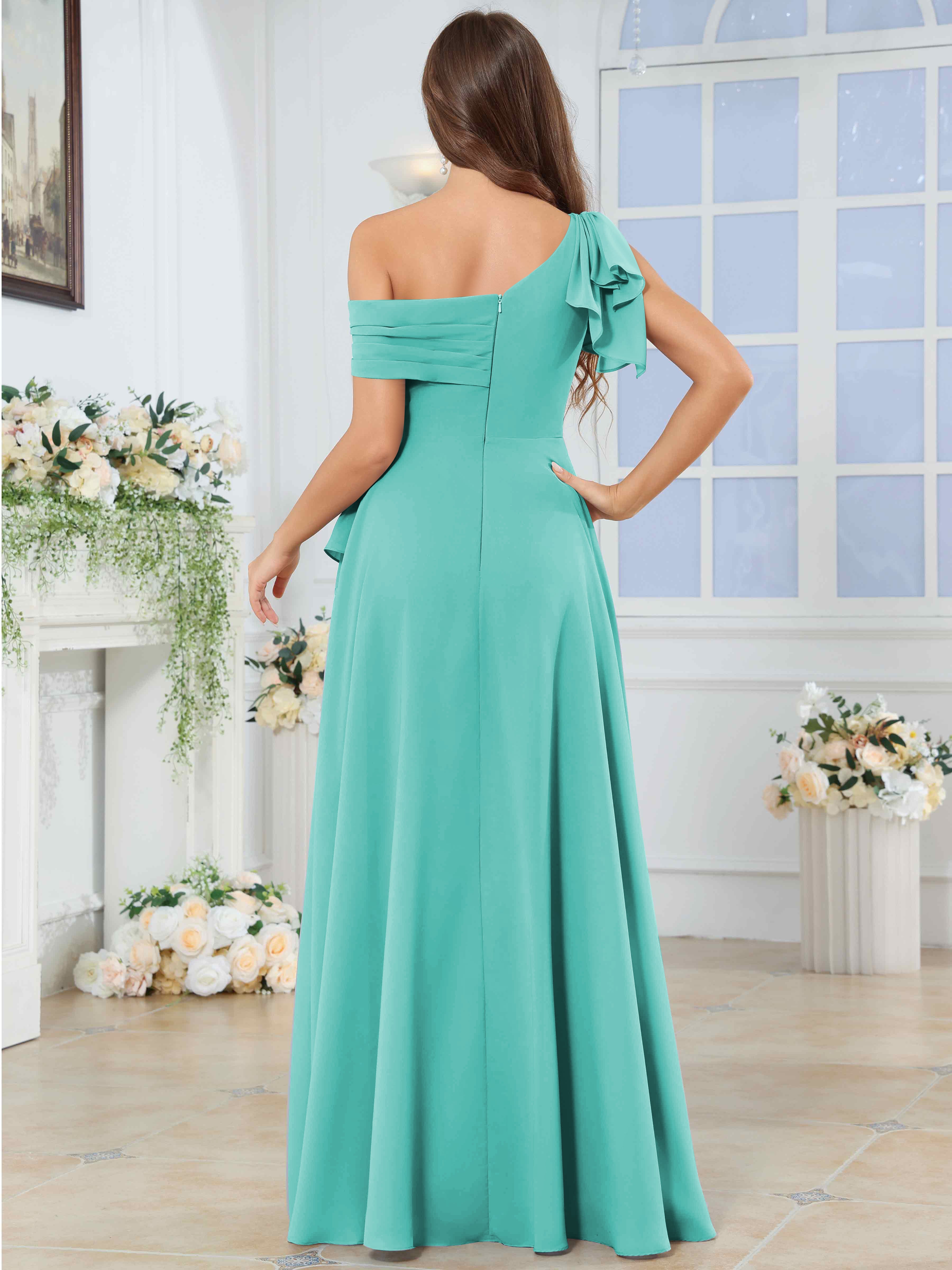 ROVDESY One Shoulder Pleated Ruffle Chiffon Bridesmaid Dress With Slit