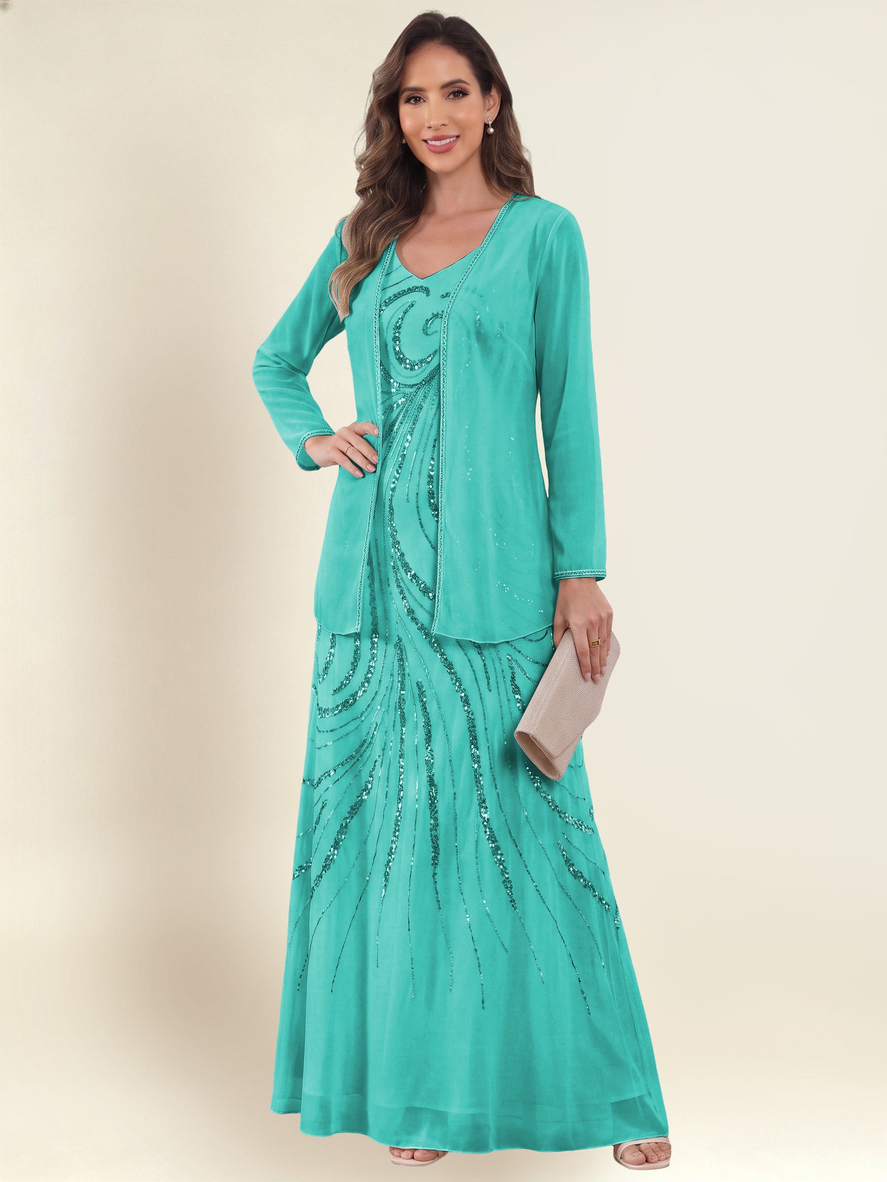 ROVDESY 2 Pieces V-Neck Sequin Chiffon Long Mother Of The Bride Dress With Long Sleeve Jacket