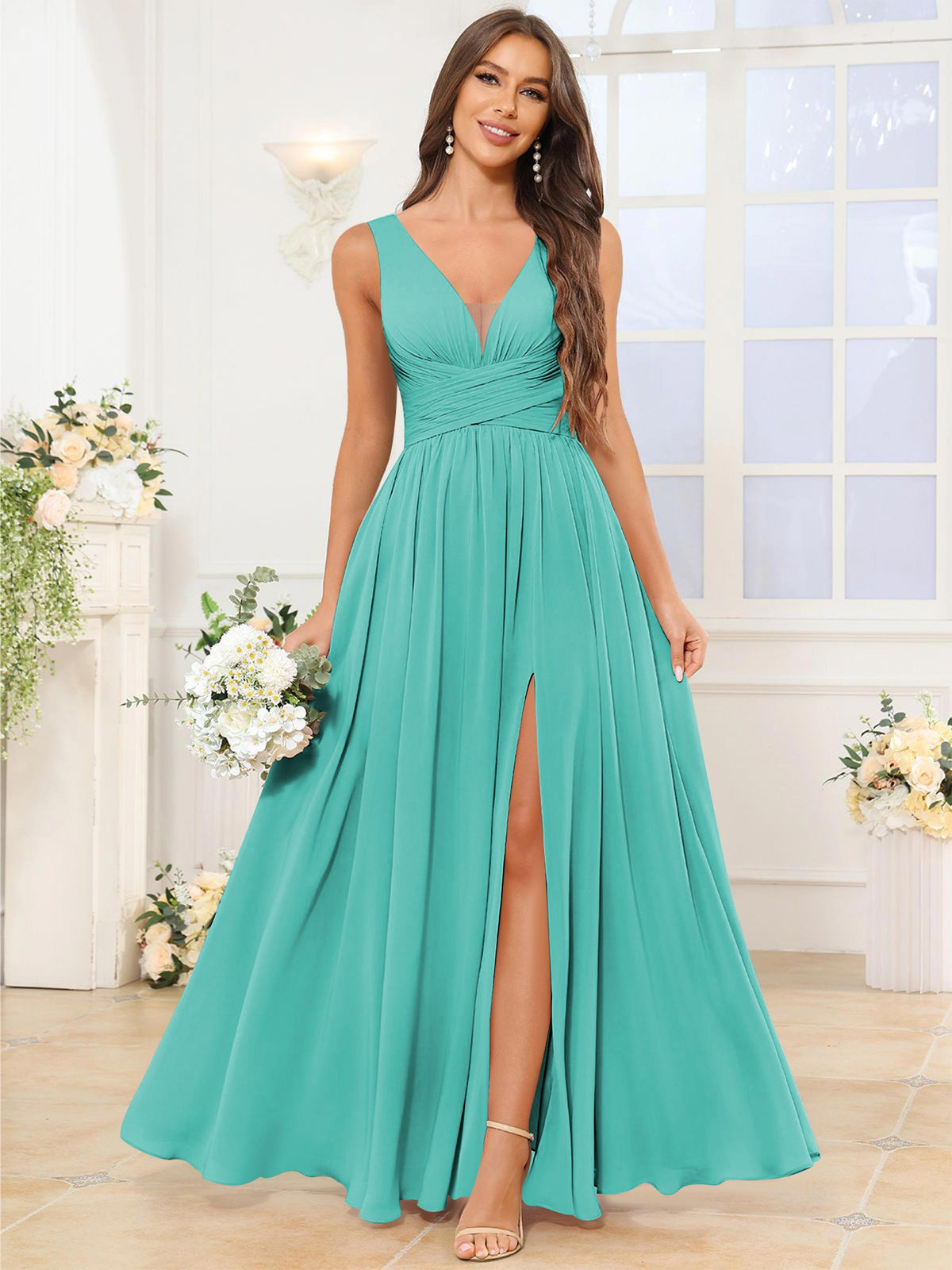 V Neck Chiffon A Line Bridesmaid Dress with Slit