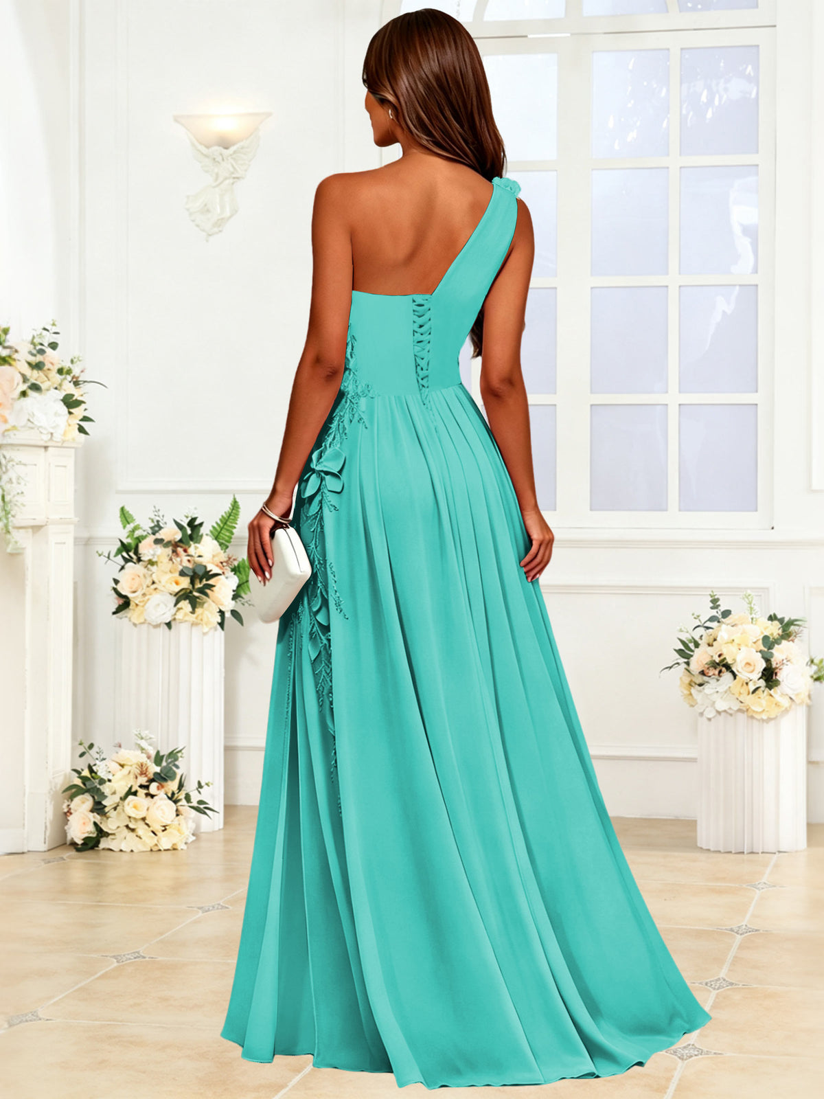 One Shoulder 3D Flower Chiffon Bridesmaid Dress with Slit