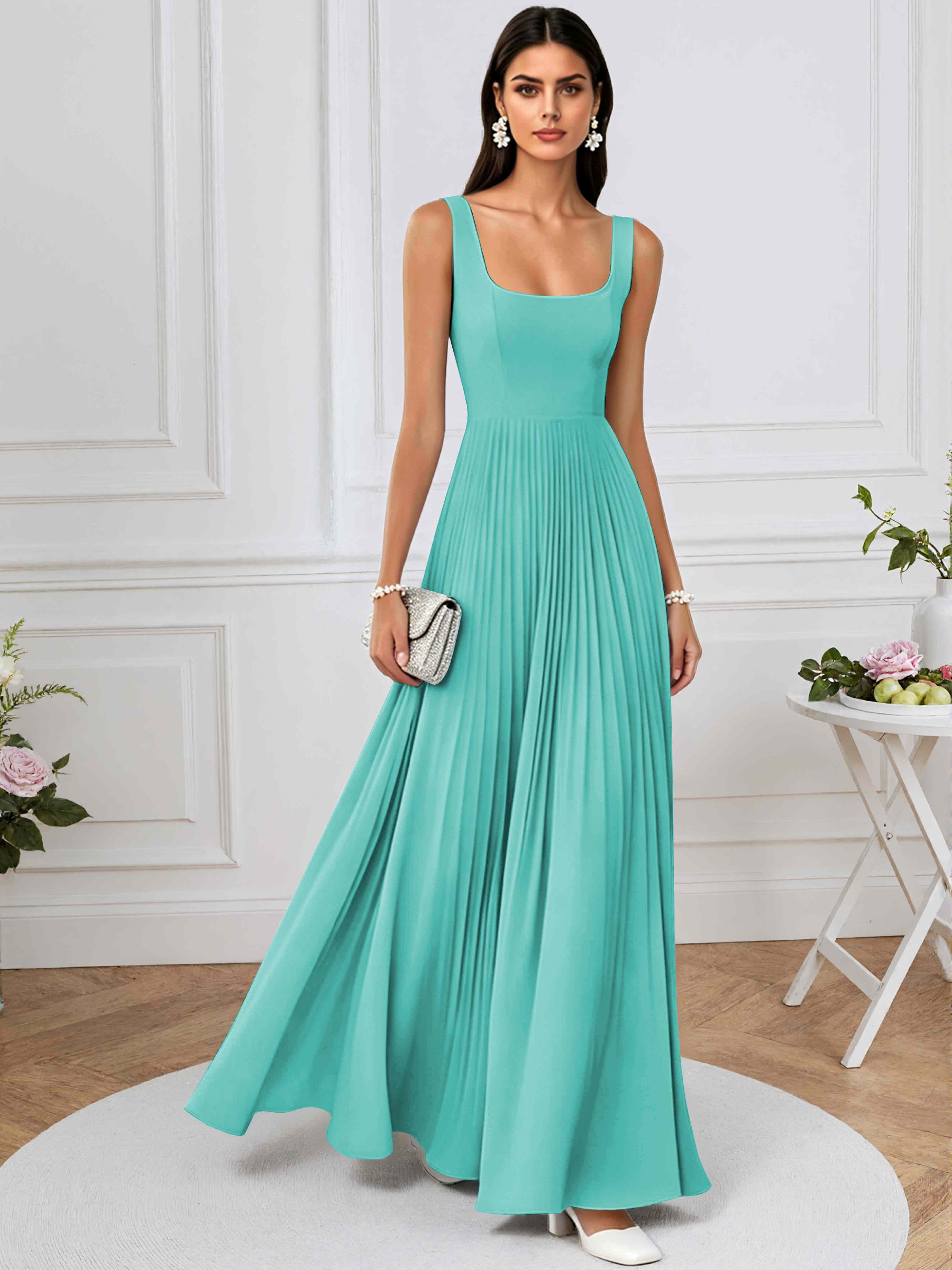 ROVDESY A-Line Square Neck Pleated Chiffon Long Bridesmaid/Prom Dress