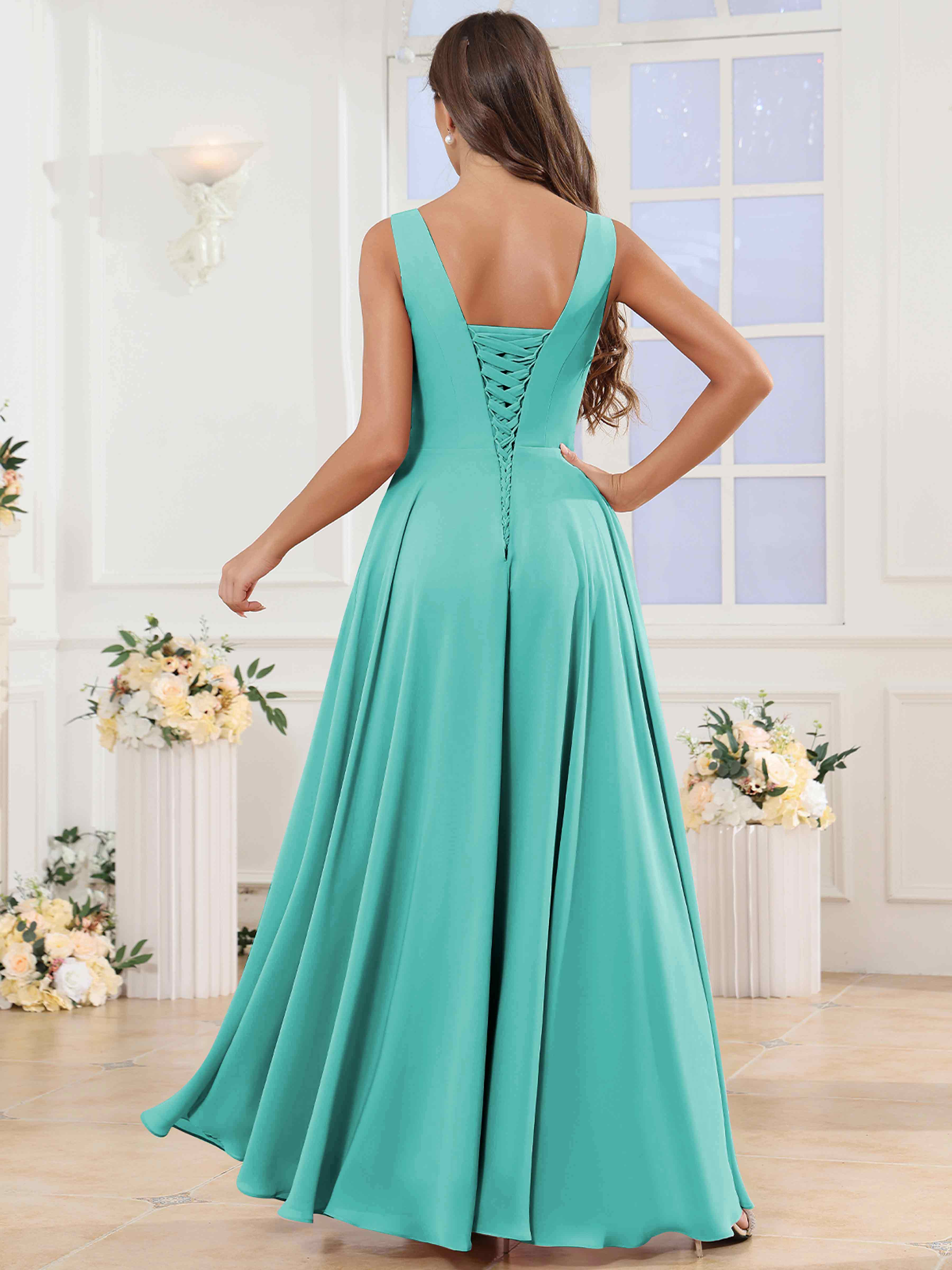 ROVDESY V-Neck Pleated Sleeveless Ruffle Chiffon Bridesmaid Dress With Slit