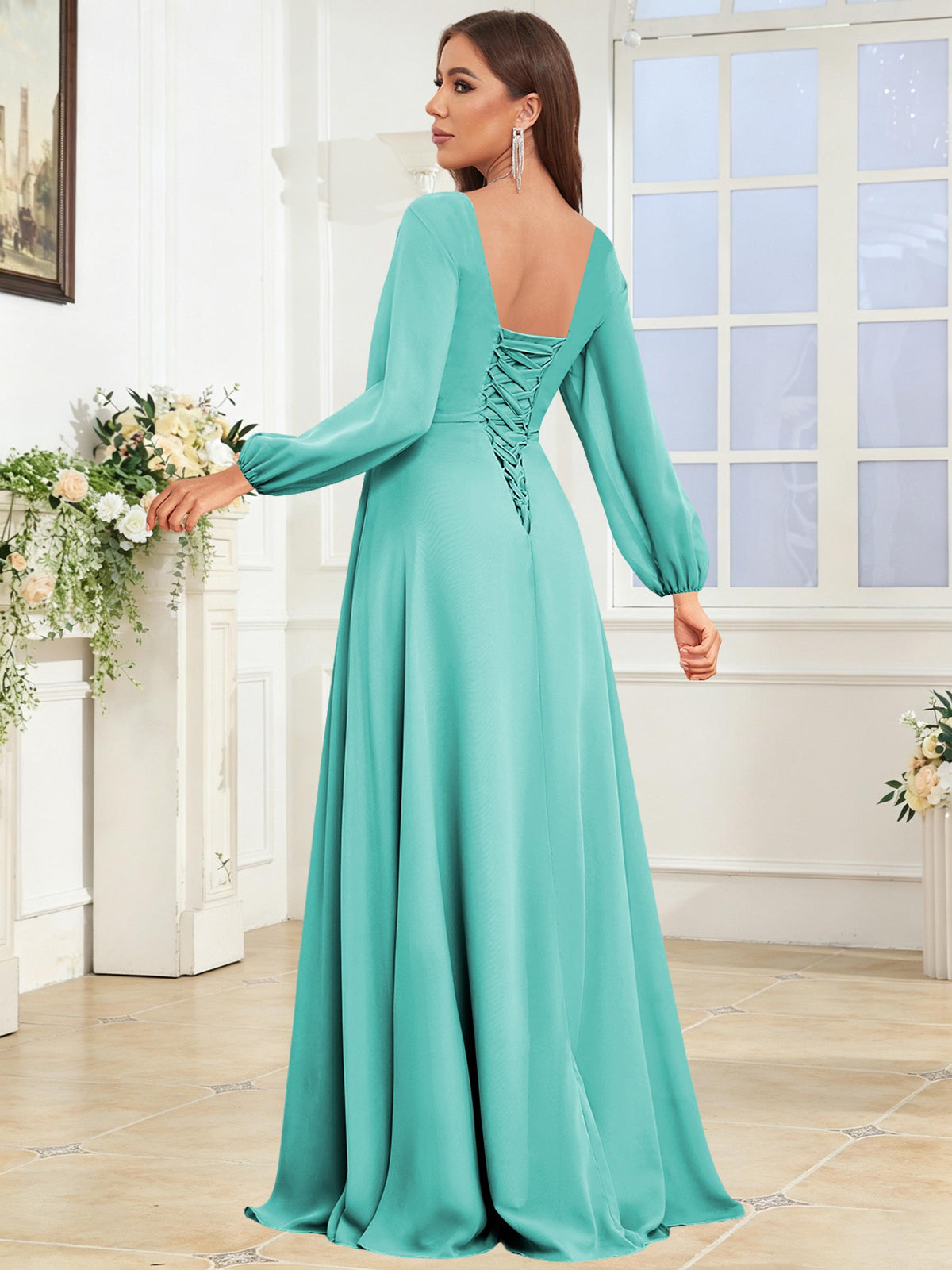 V Neck Chiffon Long Sleeve Bridesmaid Dresses with Slit
