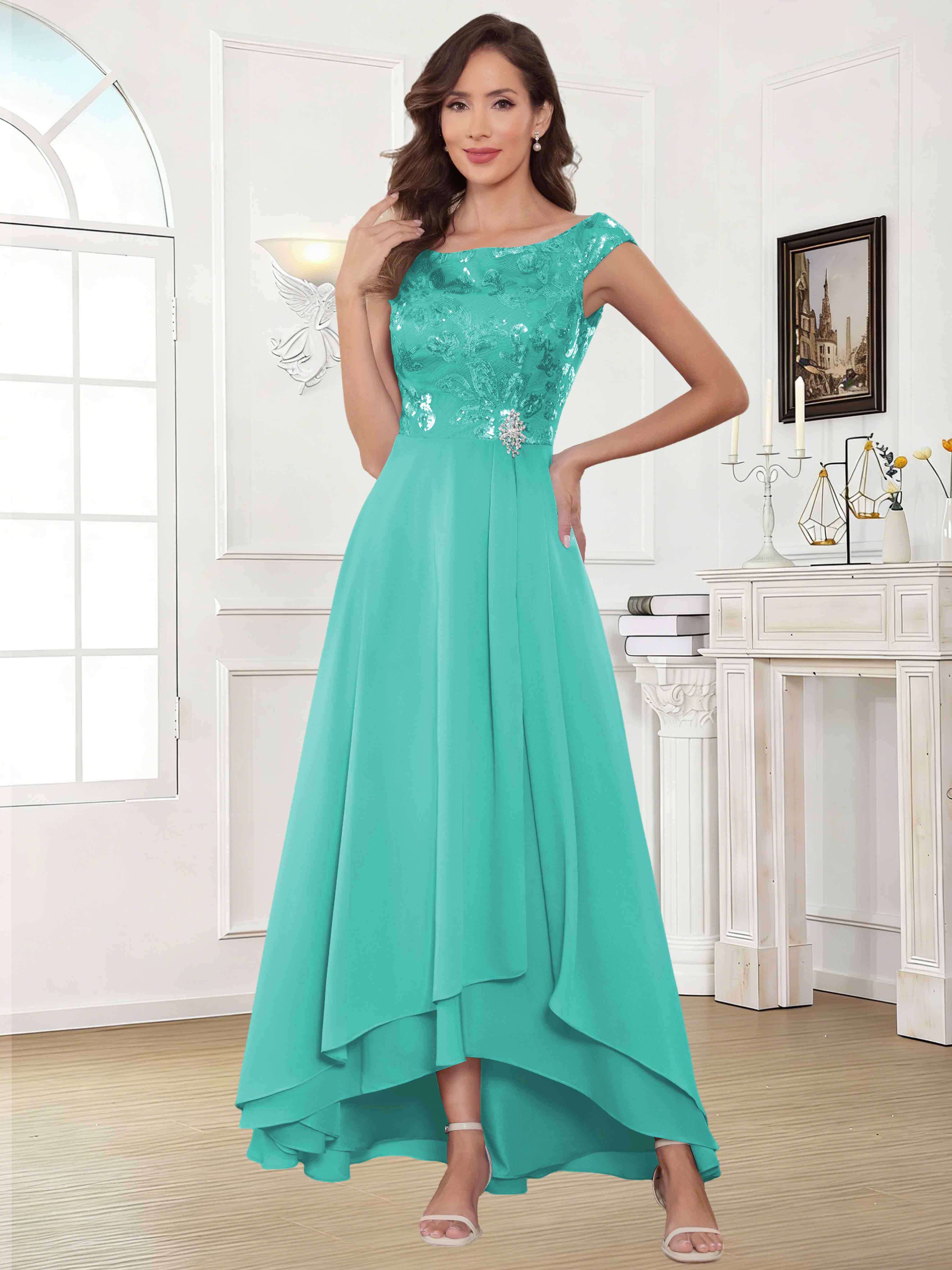 ROVDESY Tea Length Off-The-Shoulder Sequin Chiffon Mother Of The Bride Dress