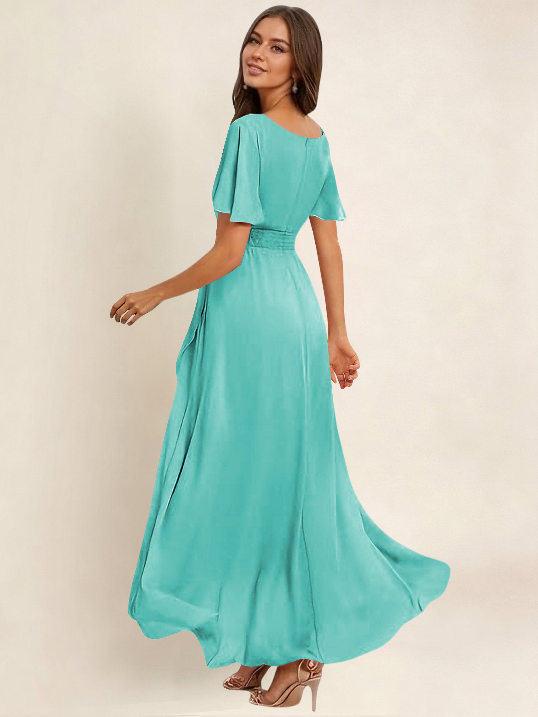 ROVDESY A-Line High Low Round Neck Pleated Ruffle Chiffon Bridesmaid Dress With Short Sleeves