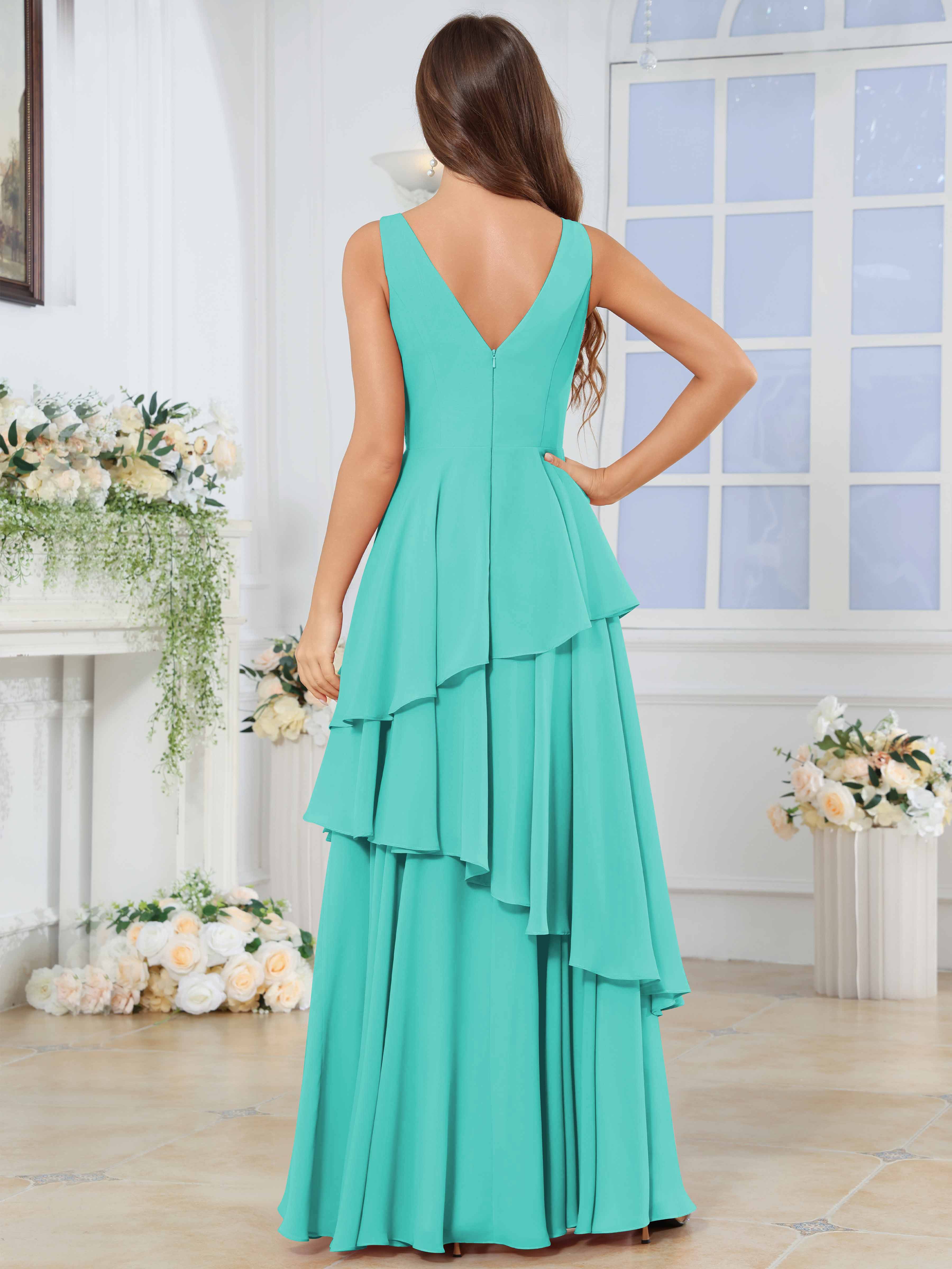 ROVDESY Long Sleeveless V-Neck Tiered Pleated Chiffon Bridesmaid Dress