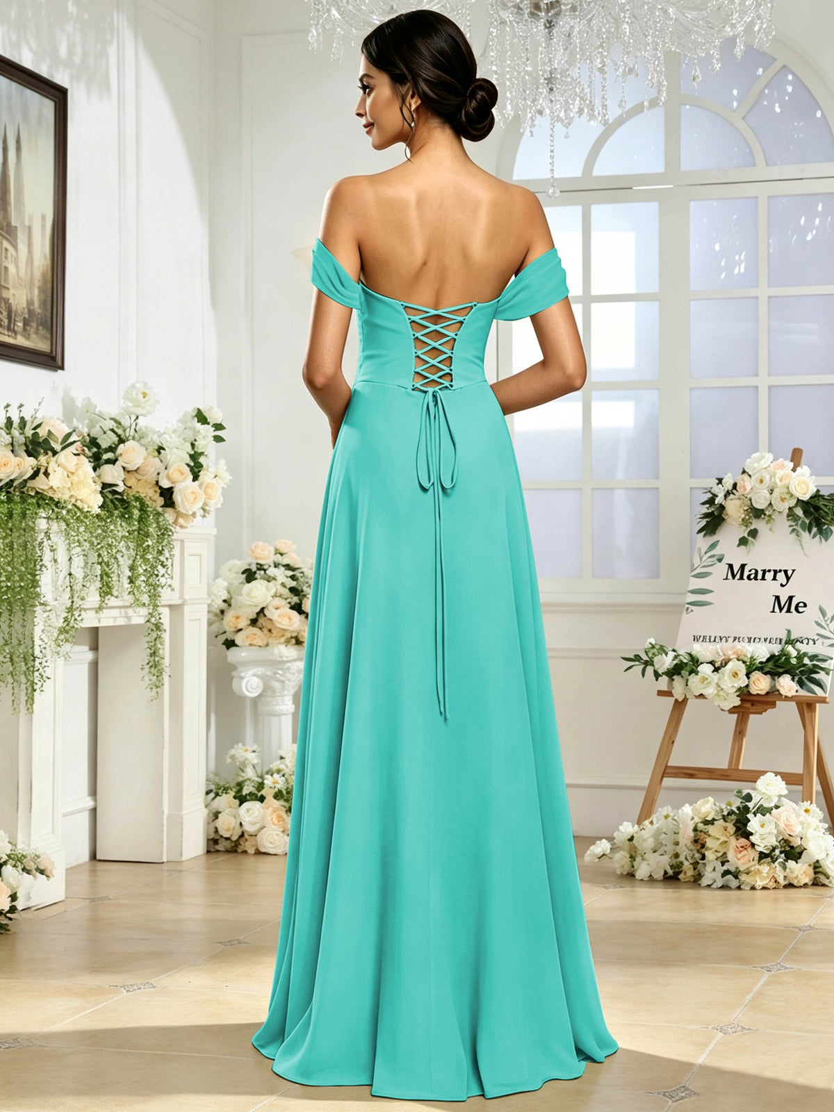 Off the Shoulder Chiffon A Line Long Bridesmaid Dress with Slit