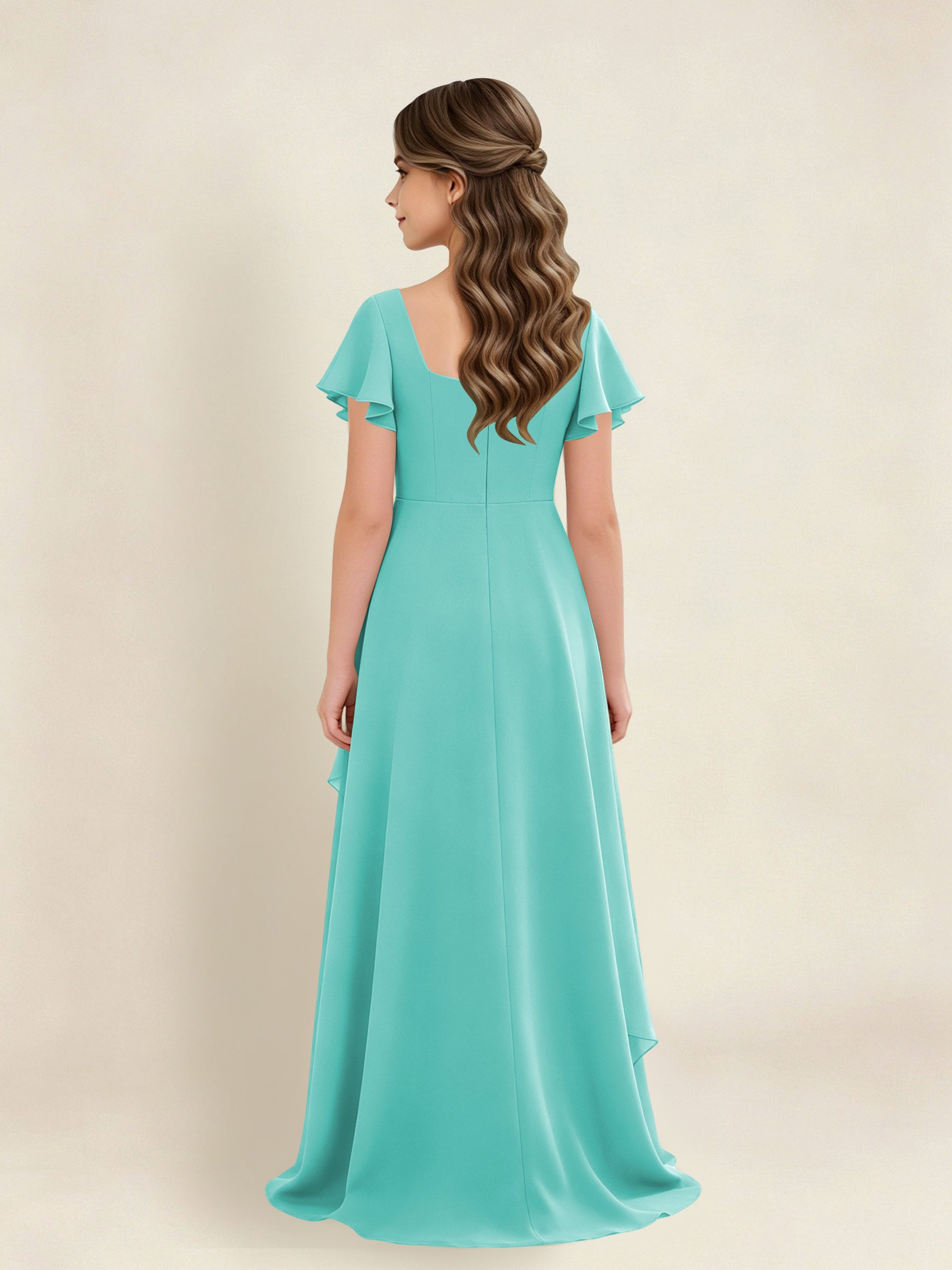 ROVDESY A-Line Square Neck Ruffle Chiffon Junior Bridesmaid Dress With Short Sleeves