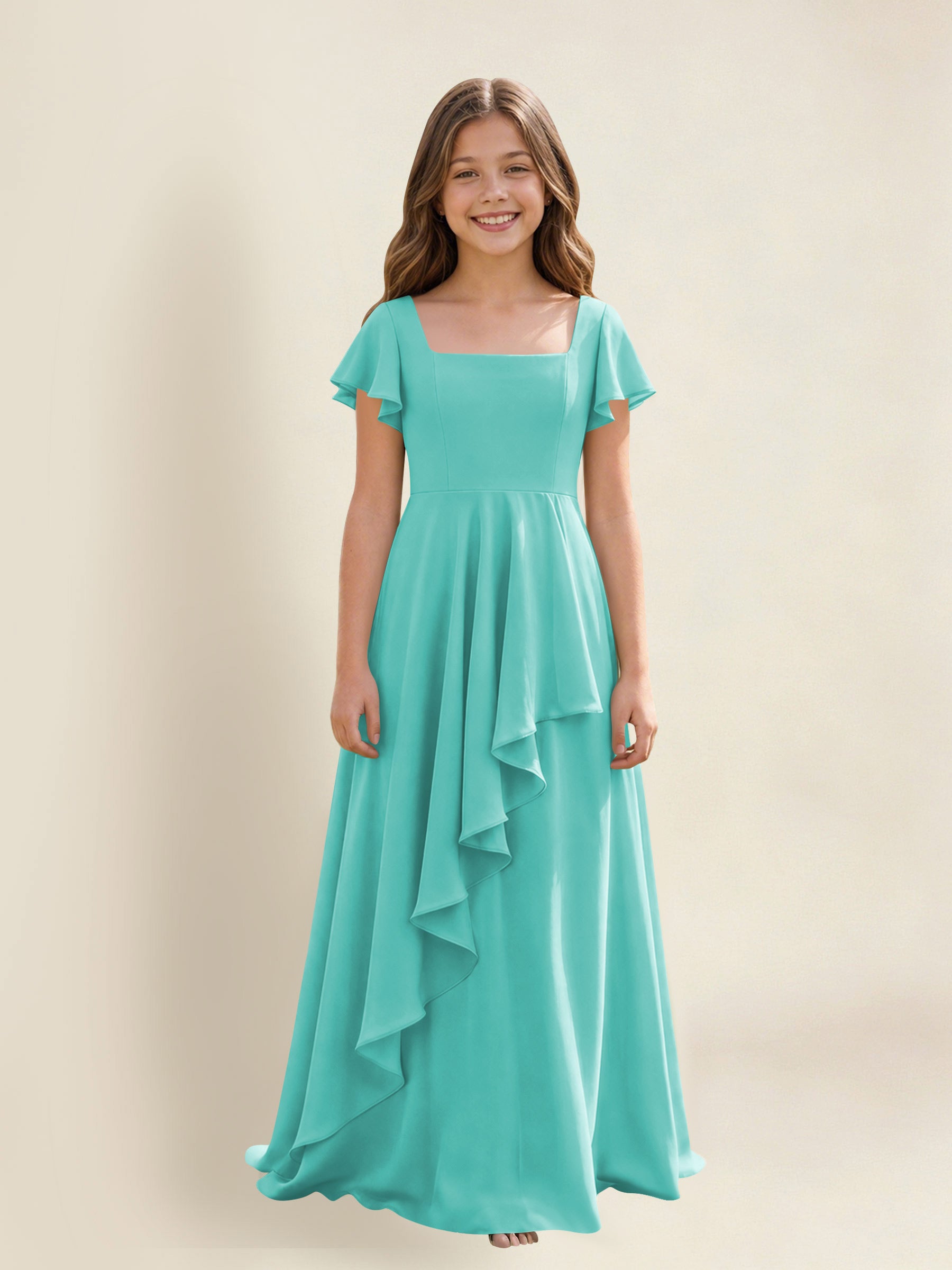ROVDESY A-Line Square Neck Ruffle Chiffon Junior Bridesmaid Dress With Short Sleeves