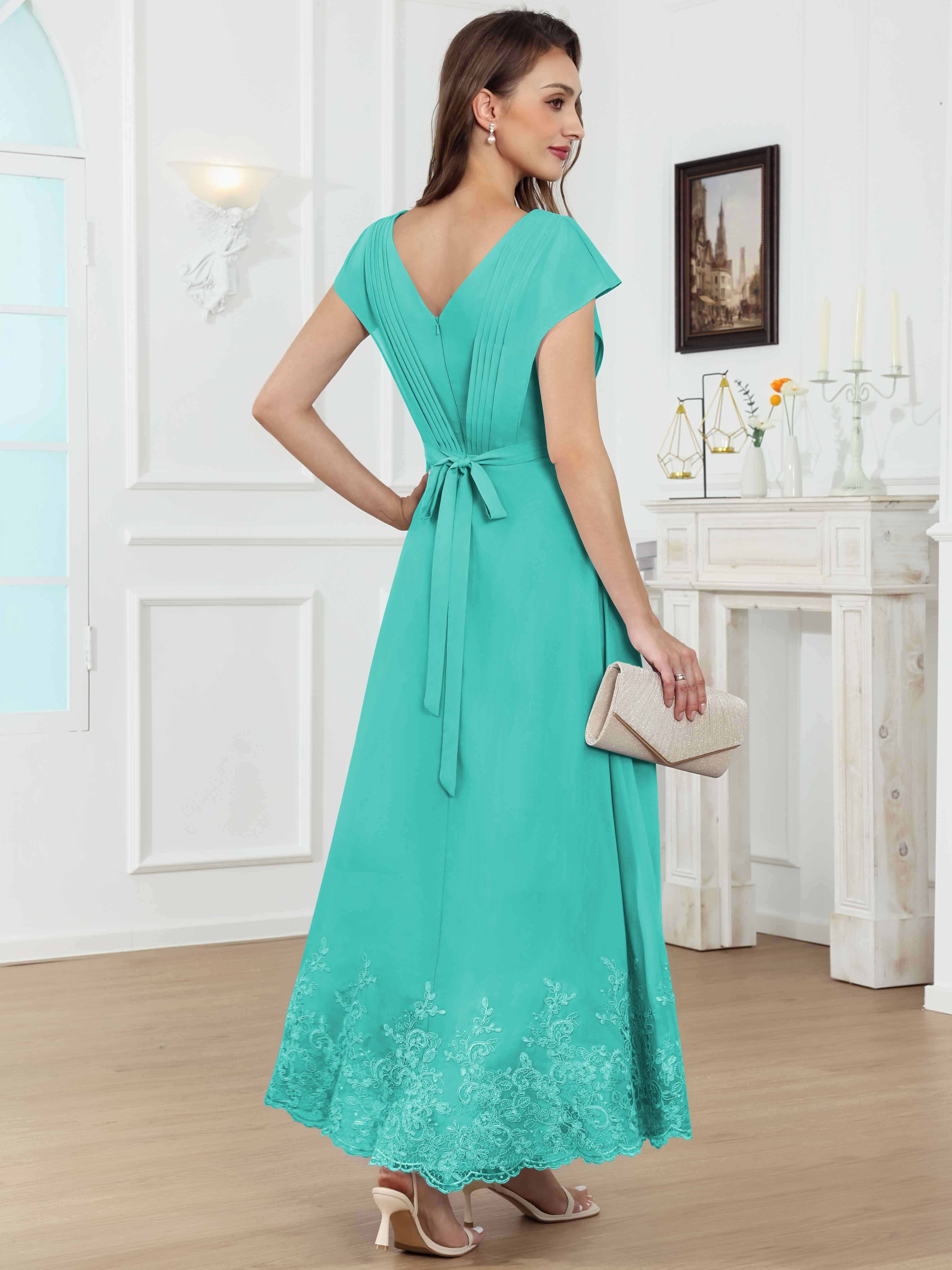 ROVDESY Tea Length High-Low V-Neck Ruched Lace Chiffon Mother of The Bride Dress for Women